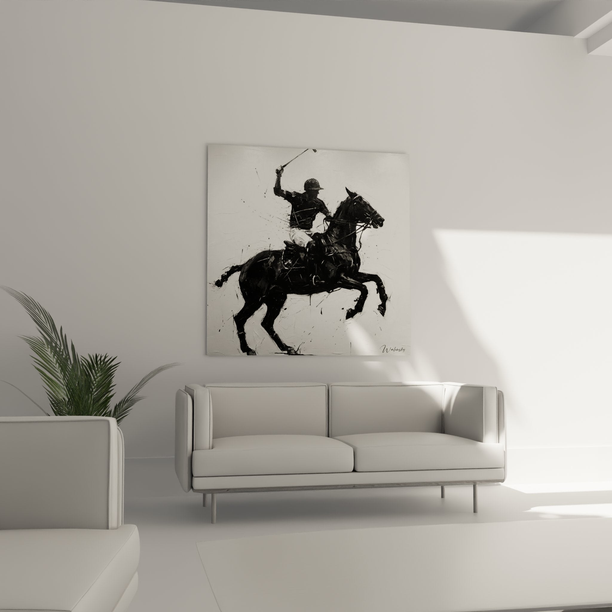 Detail of the polo painting showing expressive painting technique and energetic brushstrokes