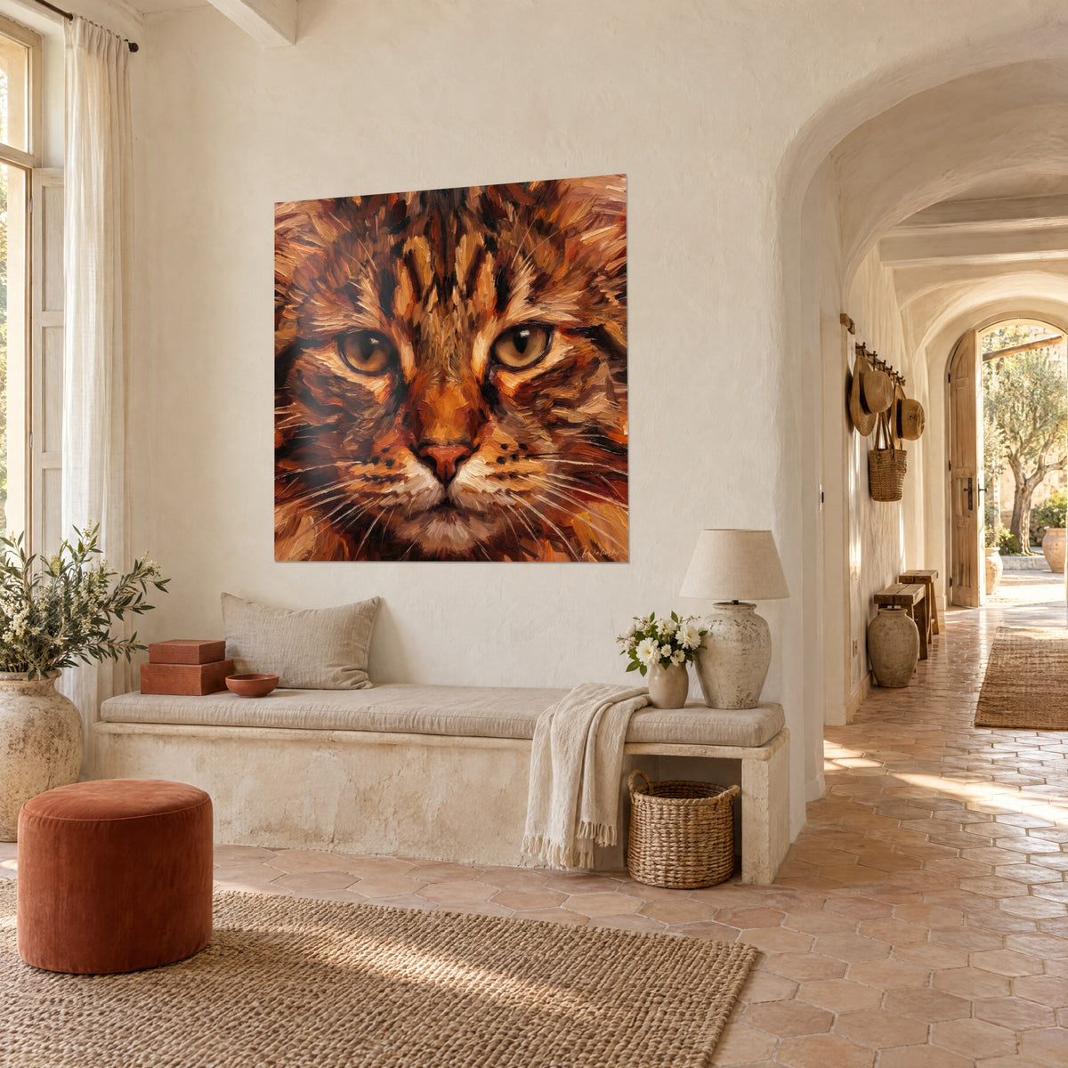 Cuadro primer plano de gato atigrado, hocico rosado, bigotes blancos e iris dorados, colgado junto a un arco de piedra clara