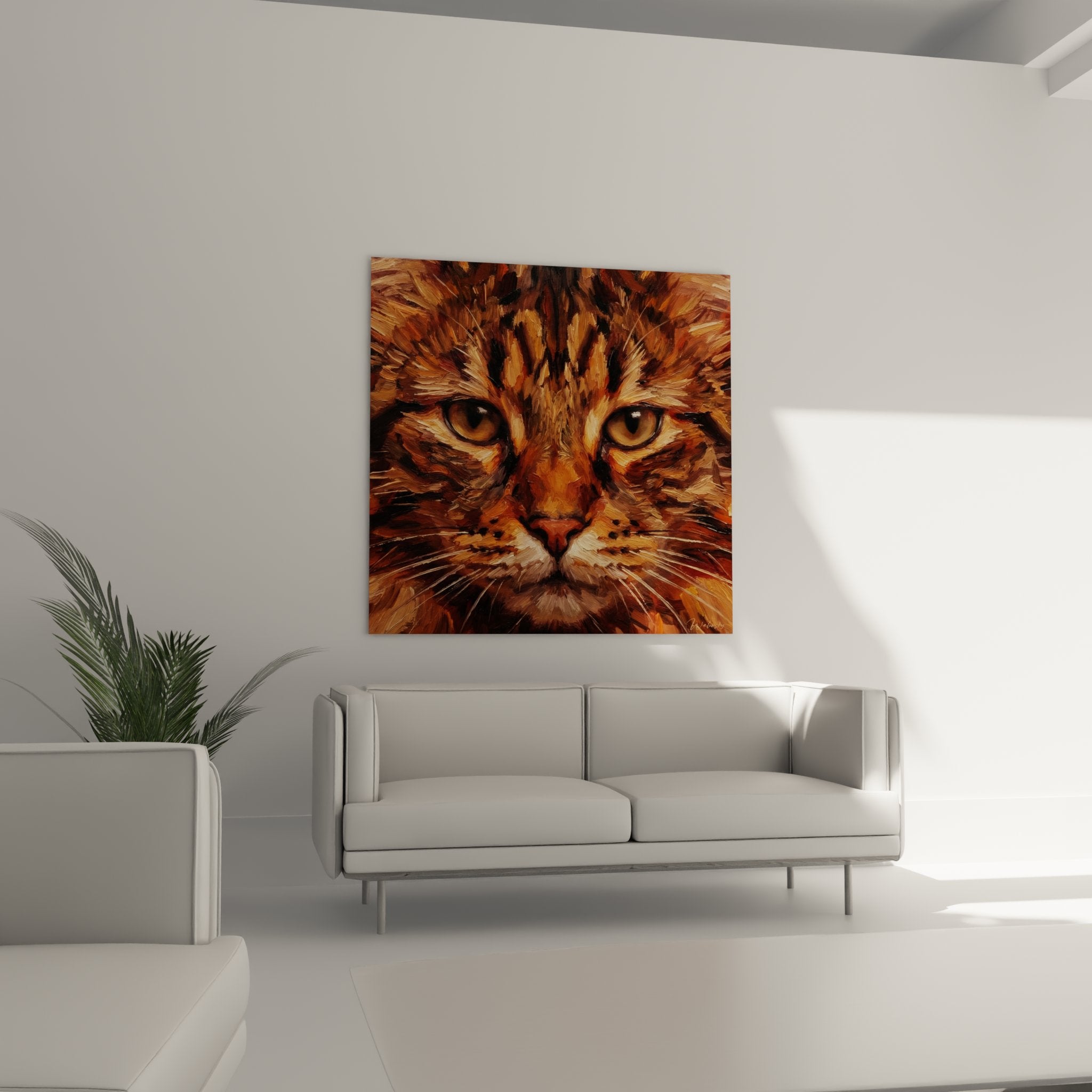 Detailed portrait of ginger American Bobtail cat with amber eyes and tabby fur, premium wall art