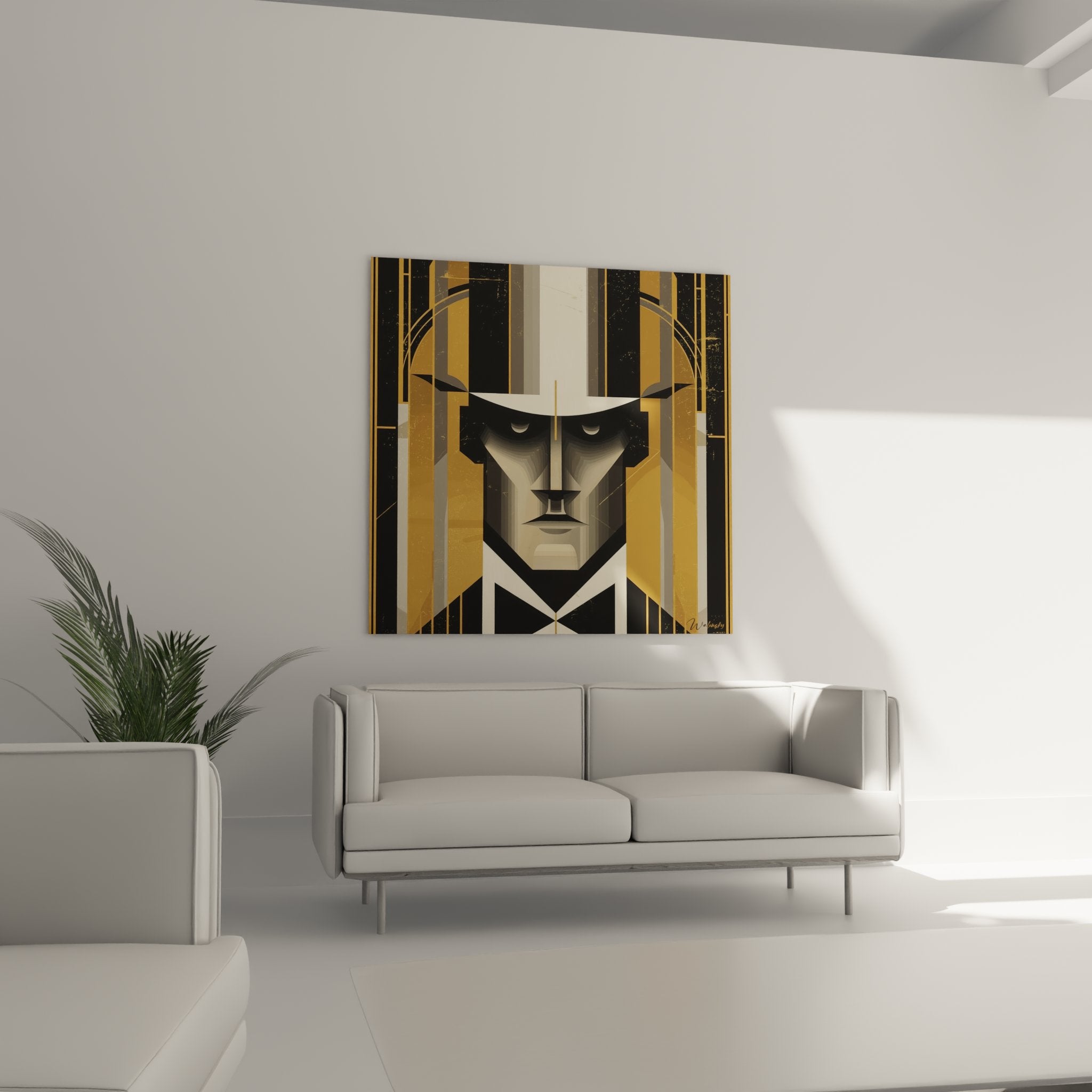 Geometric art deco face detail showing stylized eyes and golden angular shapes