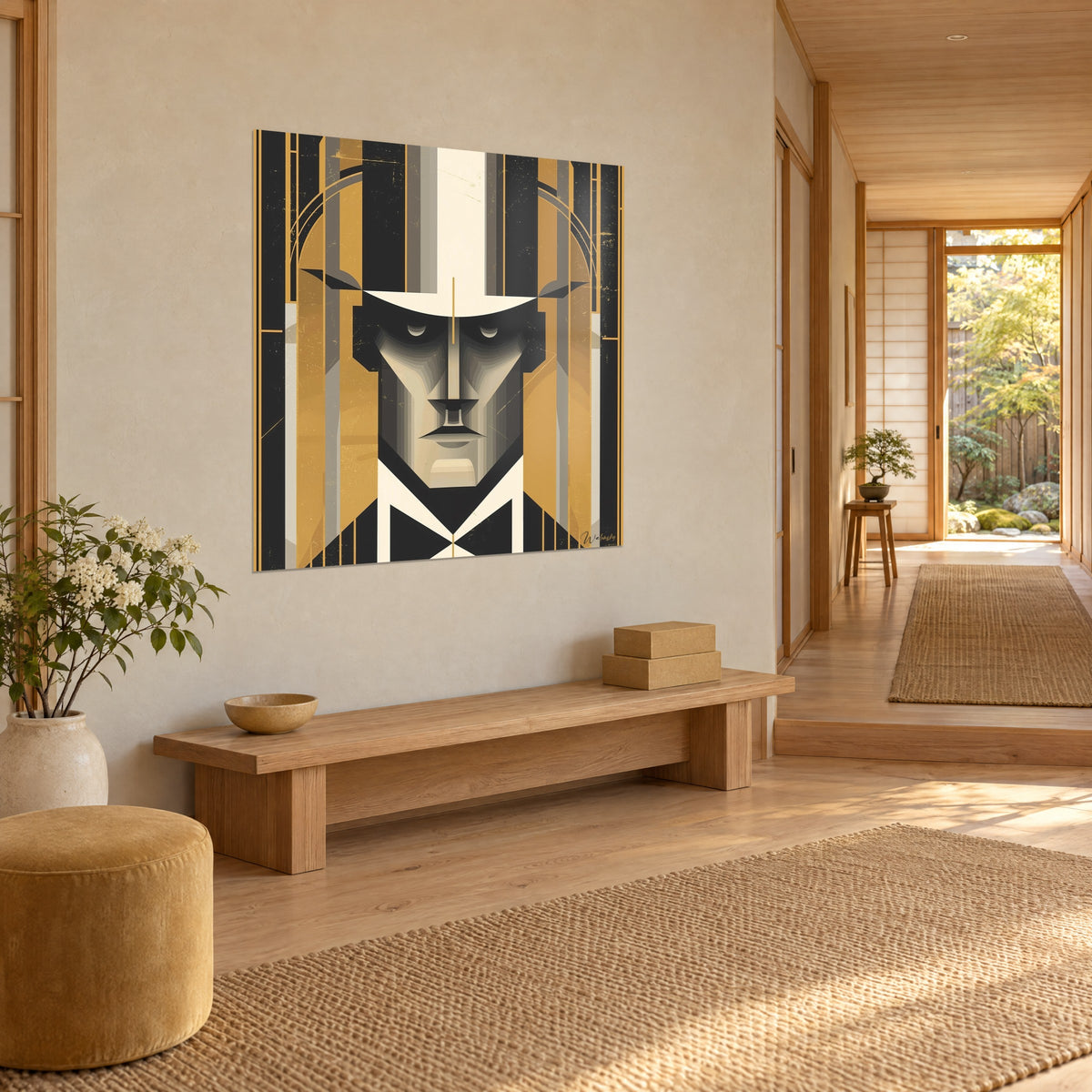 Cuadro retrato geométrico de un hombre de mirada severa, franjas ocre y grises, pajarita negra, junto a un banco de madera
