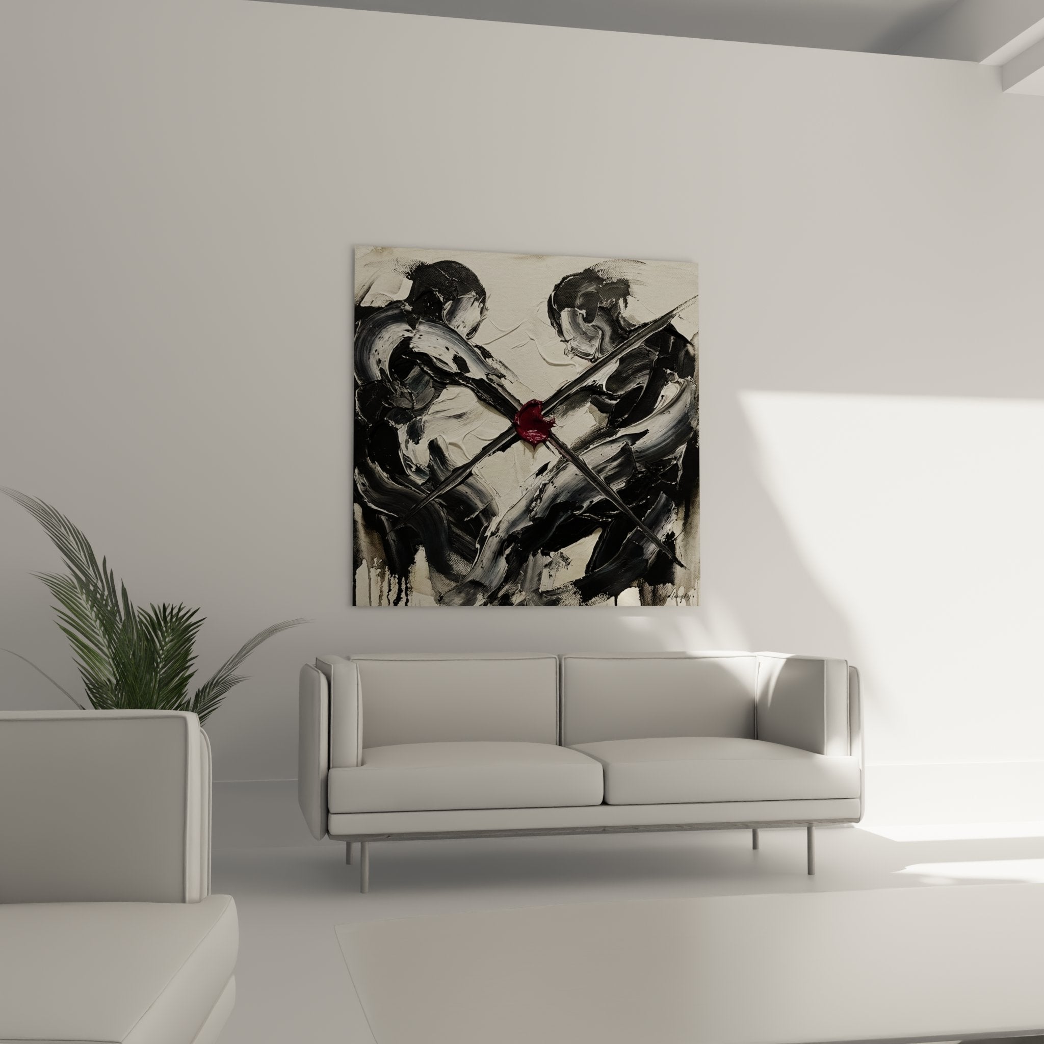 Fencing painting detail crossing point red sword blades artistic expressionist combat duel