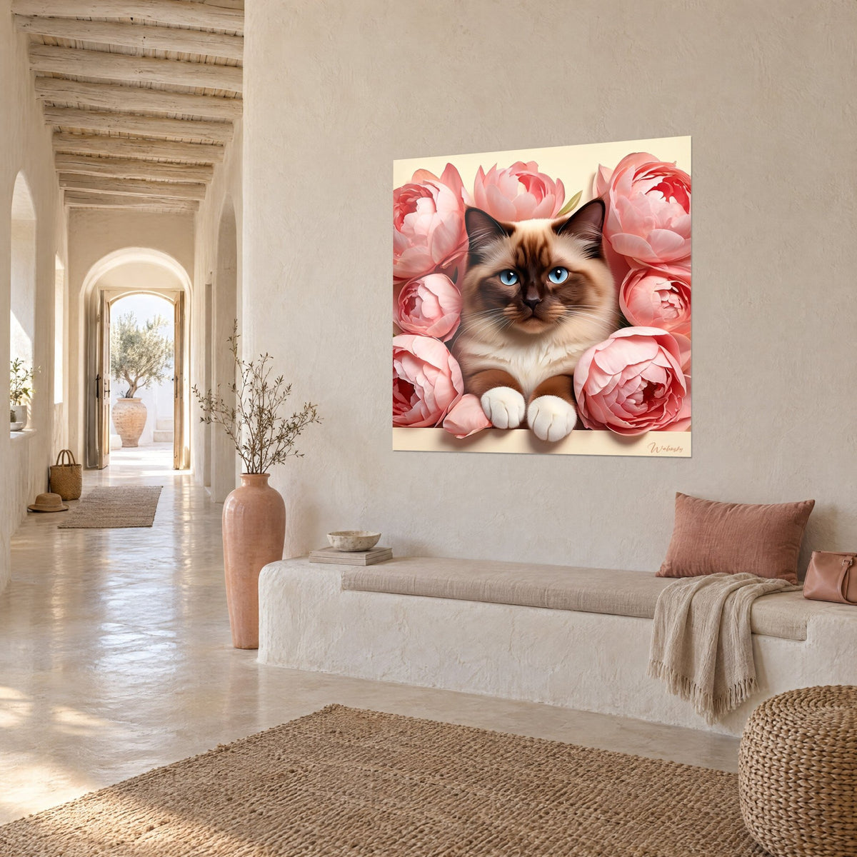 Wall art cream and chocolate cat nestled among salmon pink flowers, sapphire gaze, on a beige wall of a vaulted hallway