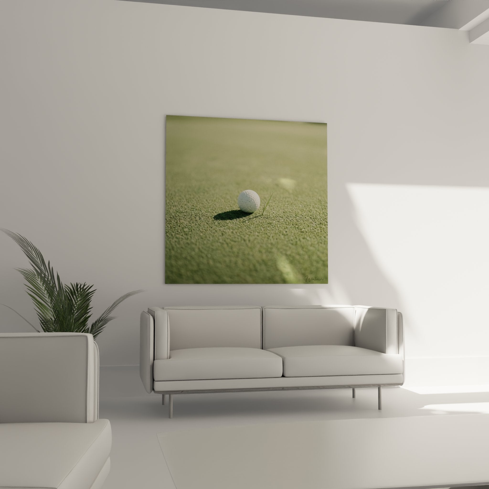 Gros plan balle de golf avec texture dimples sur gazon vert - détail artistique tableau sport golf