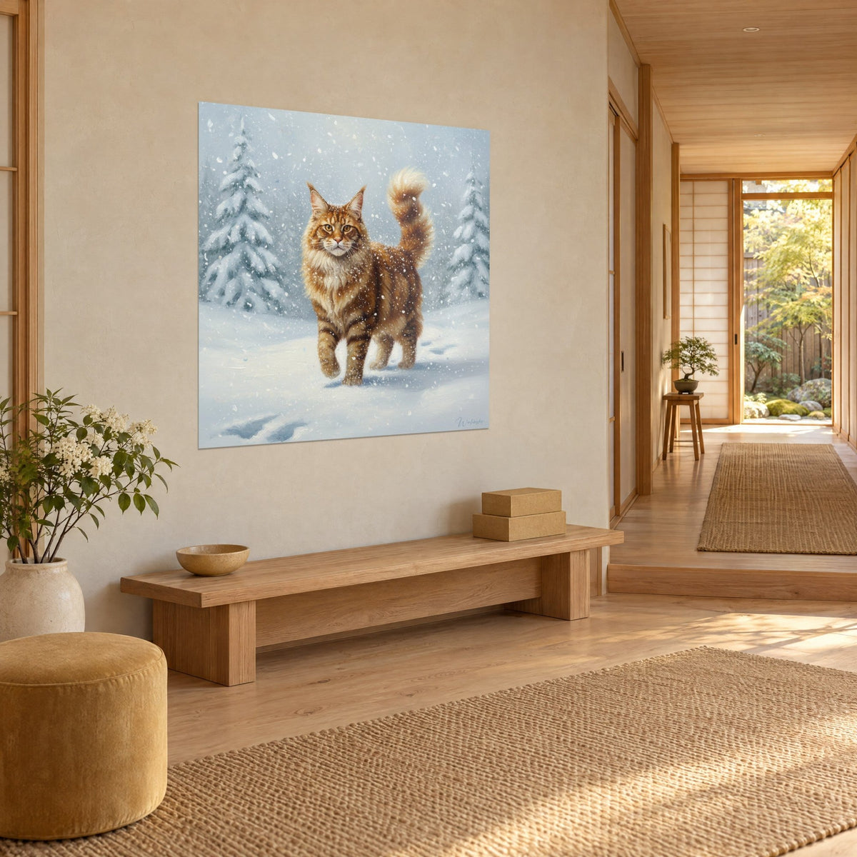 Tableau Maine Coon à la queue en panache, yeux dorés, neige bleutée et sapins, vu de trois-quarts dans un couloir boisé