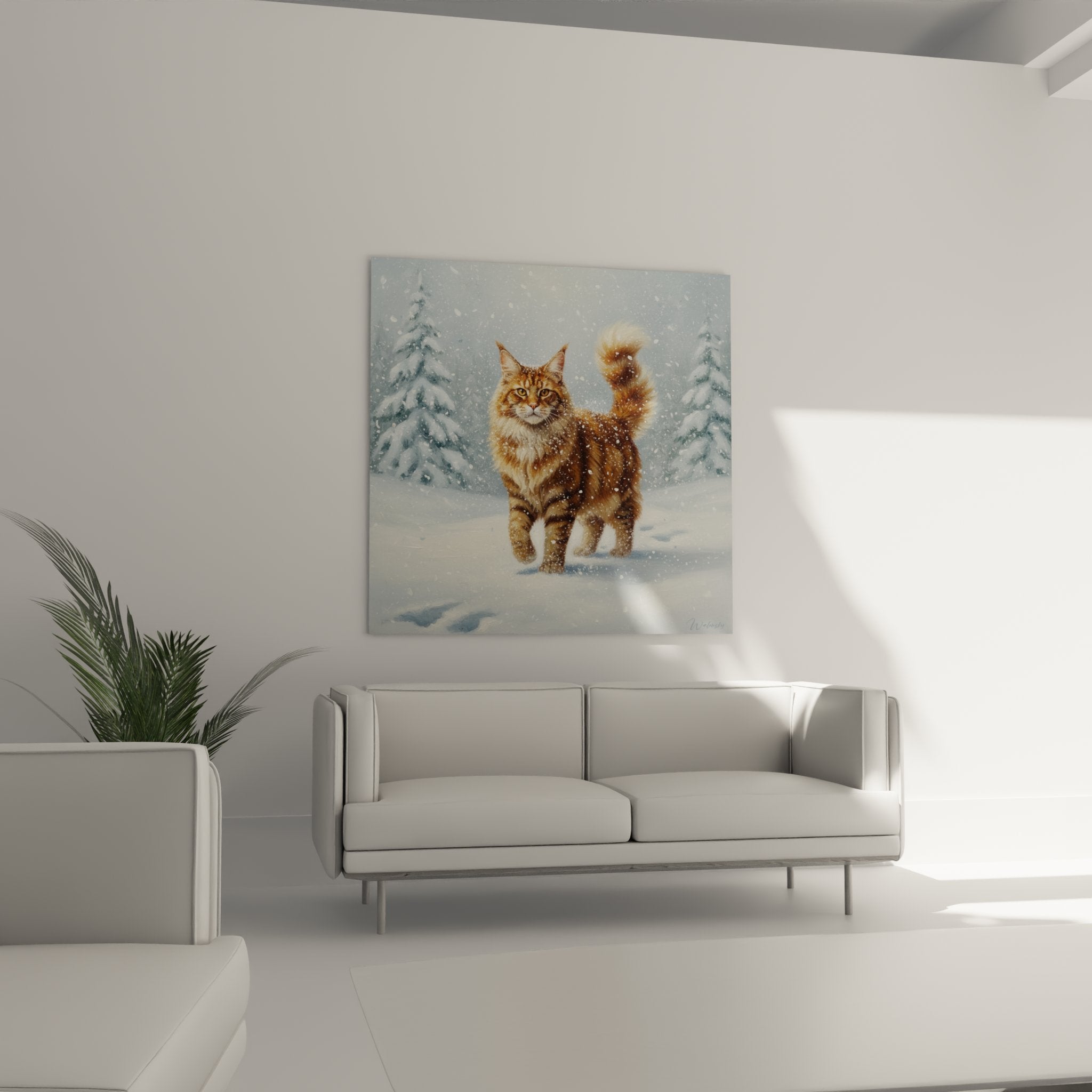 Detail of the russet and golden coat of the Maine Coon in the snow, piercing eyes and snowflakes on the fur