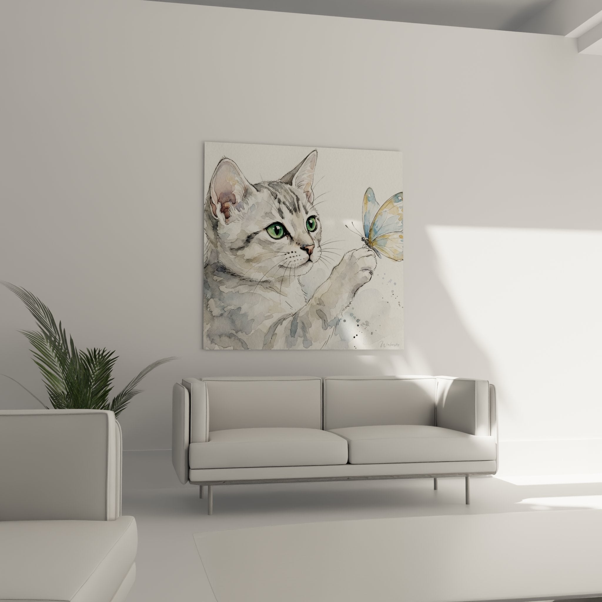 Detail der grünen Augen der Katze in Aquarell mit Schmetterling mit blauen und goldenen Flügeln