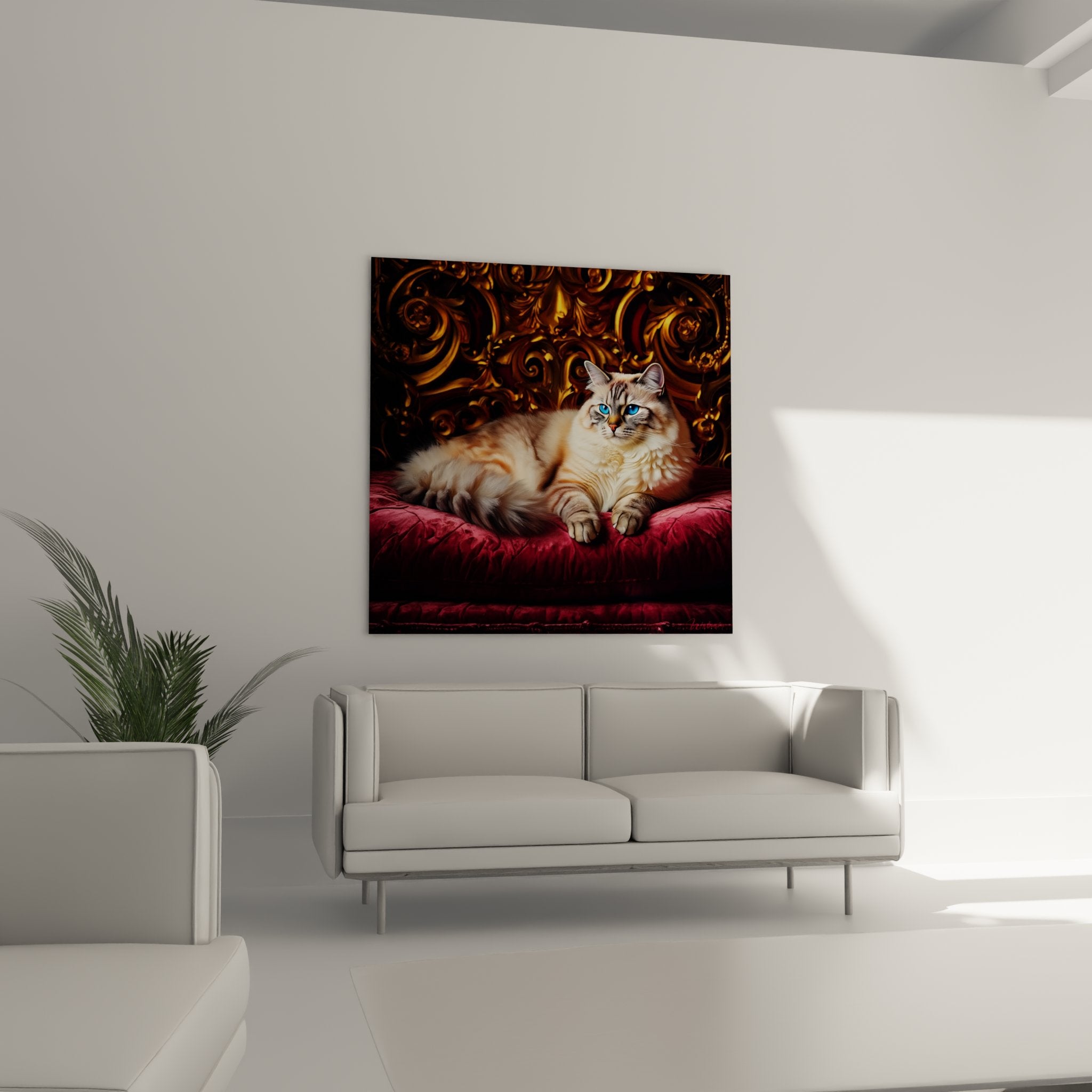 Close-up portrait of Birman cat with turquoise blue eyes and cream beige fur on luxurious ornamental gold background