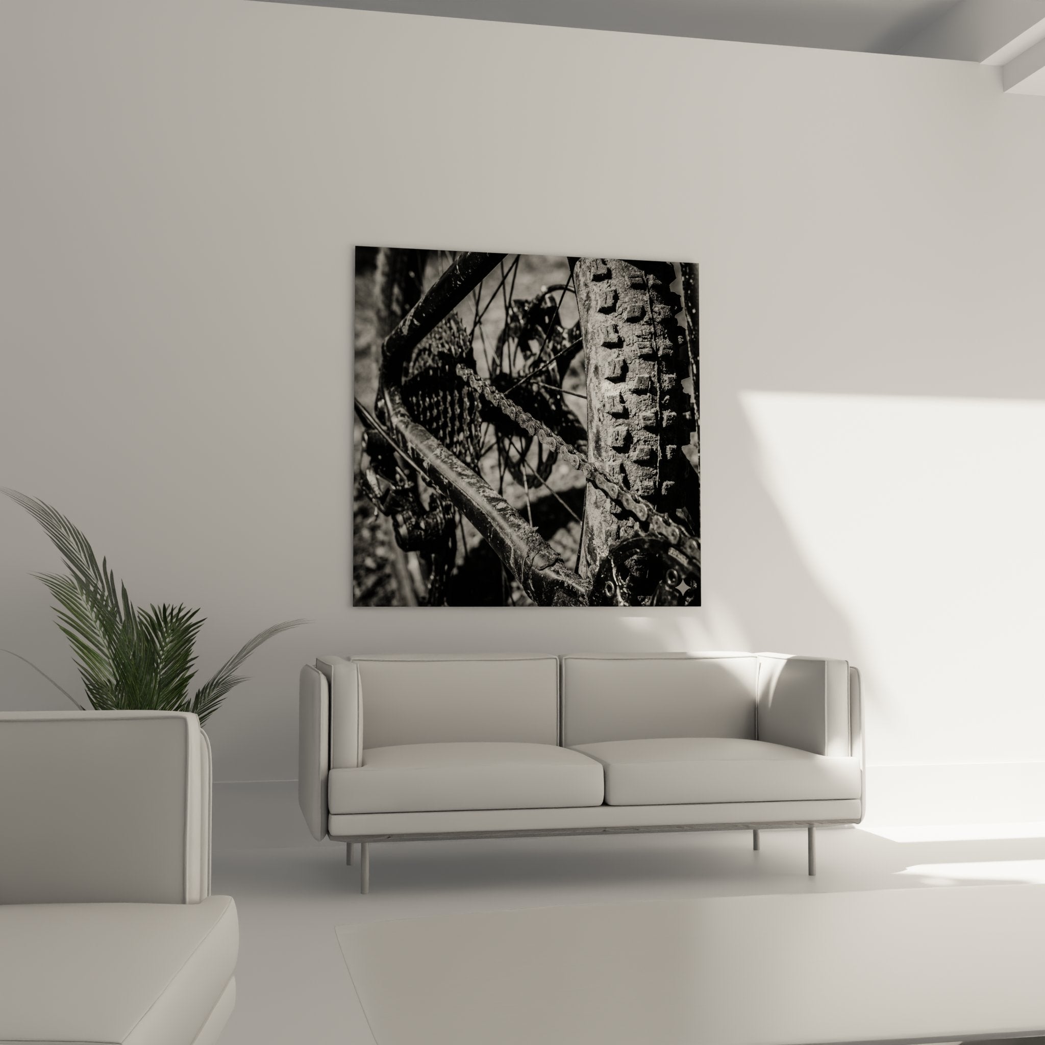 Gros plan sur chaine de velo et cassette patinee du tableau VTT vintage noir et blanc details mecaniques