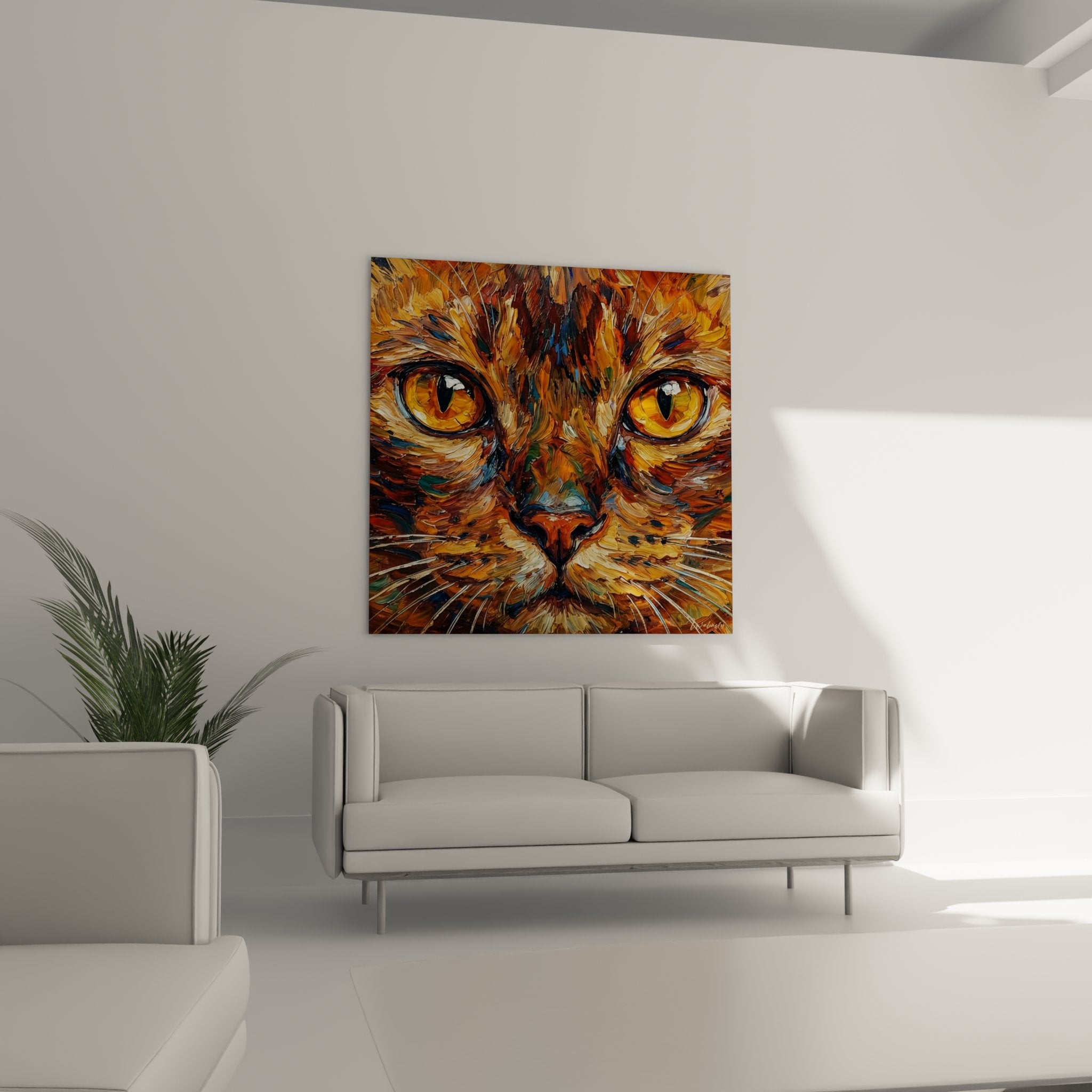 Détail gros plan peinture chat Burmese, texture empâtée yeux ambrés regard intense expressionniste