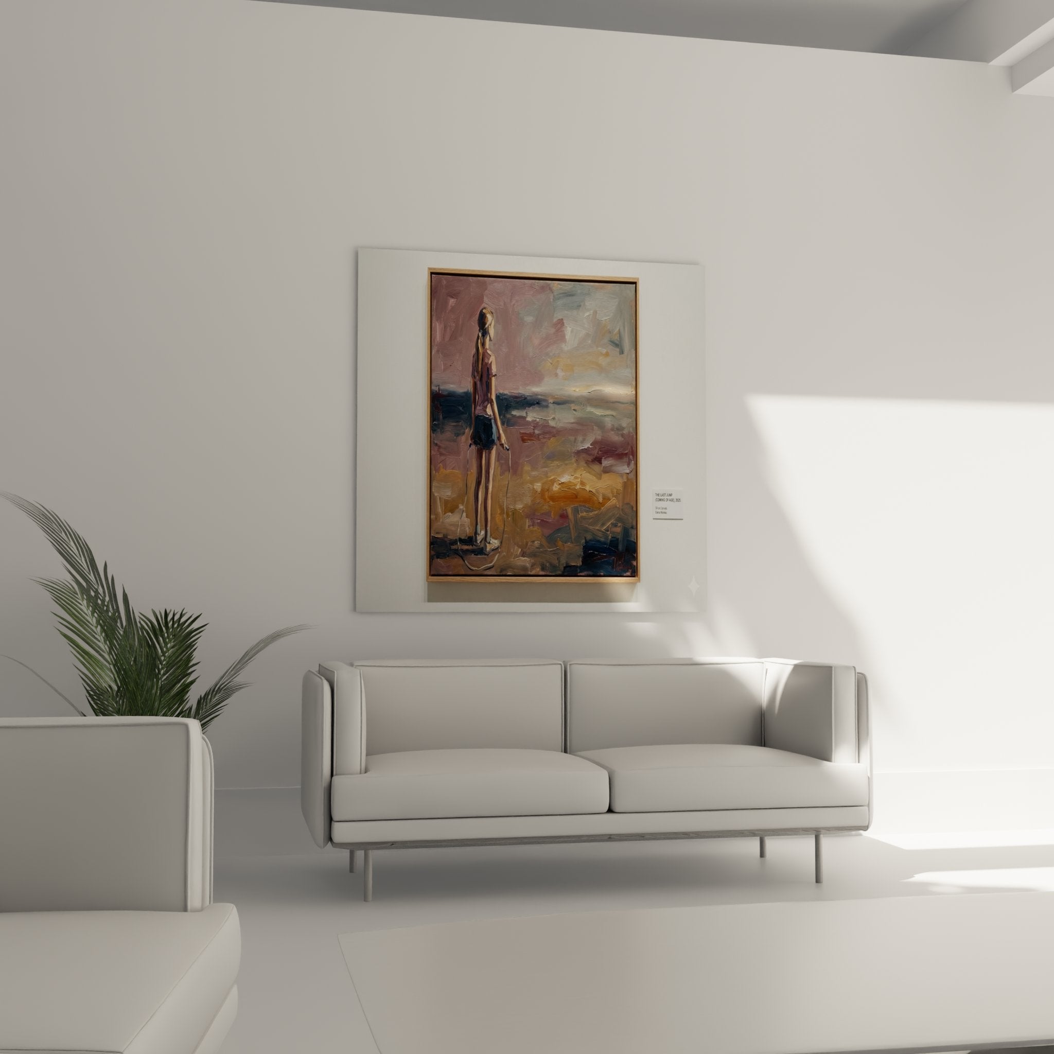 Détail peinture femme corde à sauter technique pinceau visible texture riche couleurs chaudes