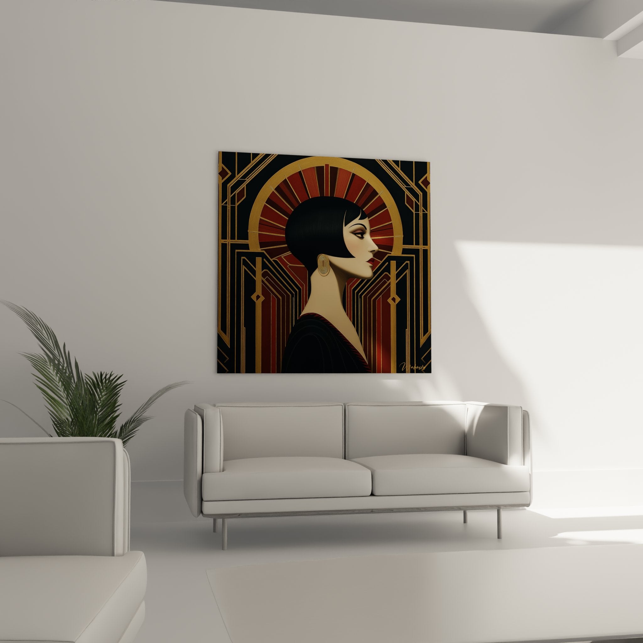 Dettaglio ritratto donna Art déco, acconciatura bob, trucco raffinato e orecchini a spirale dorati