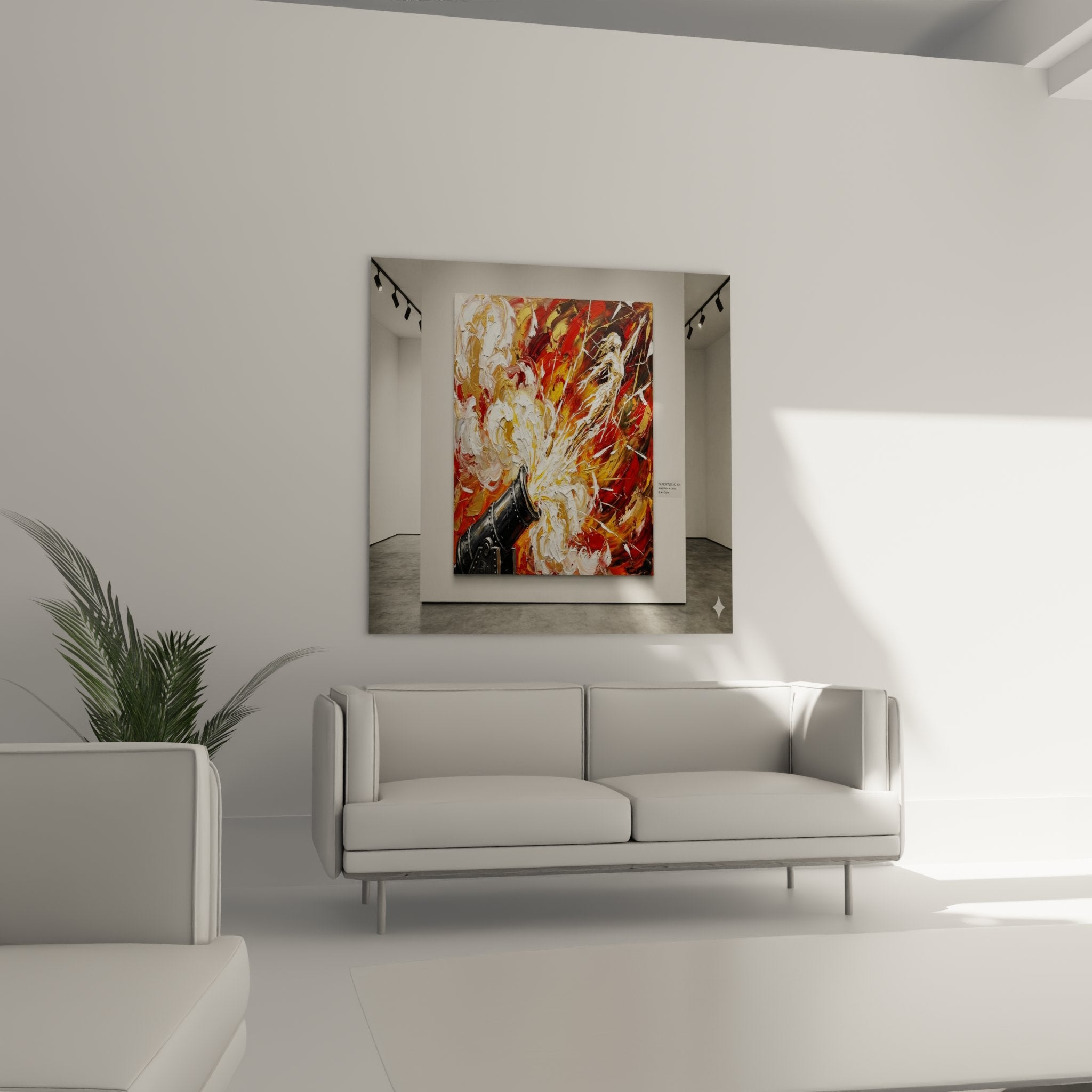 Detail peinture explosion pyrotechnique canvas empâtements matiere epaisse coups pinceau energiques