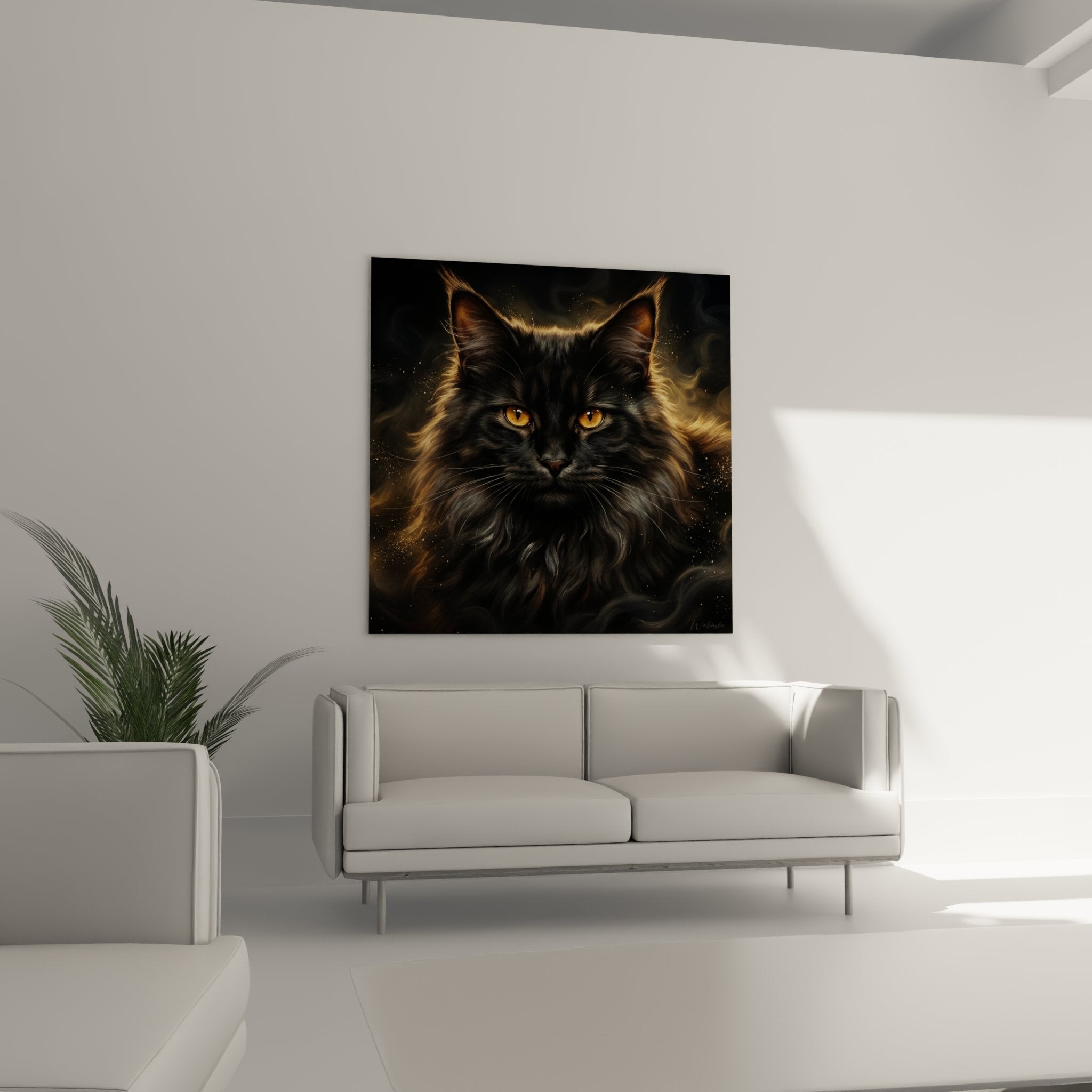 Nahaufnahme des Gemäldes Norwegian Forest Cat mit realistischen Details des dichten Fells und durchdringender bernsteinfarbener Augen