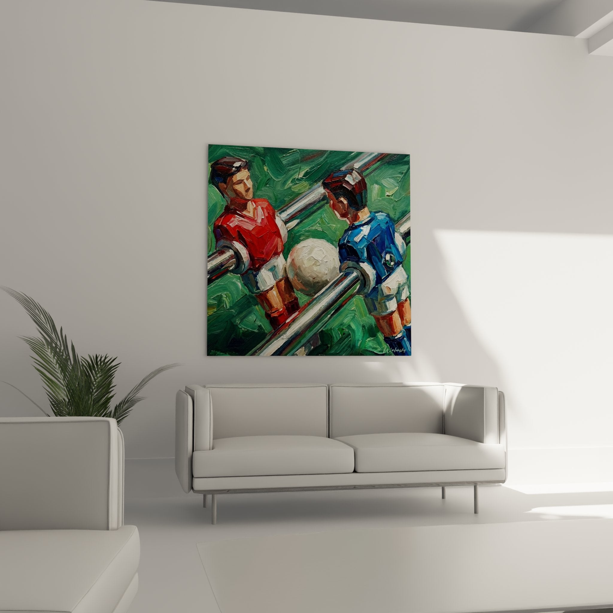 Detail Gemälde Tischfußball Spieler rot blau sichtbare Pinselstruktur moderne Kunst
