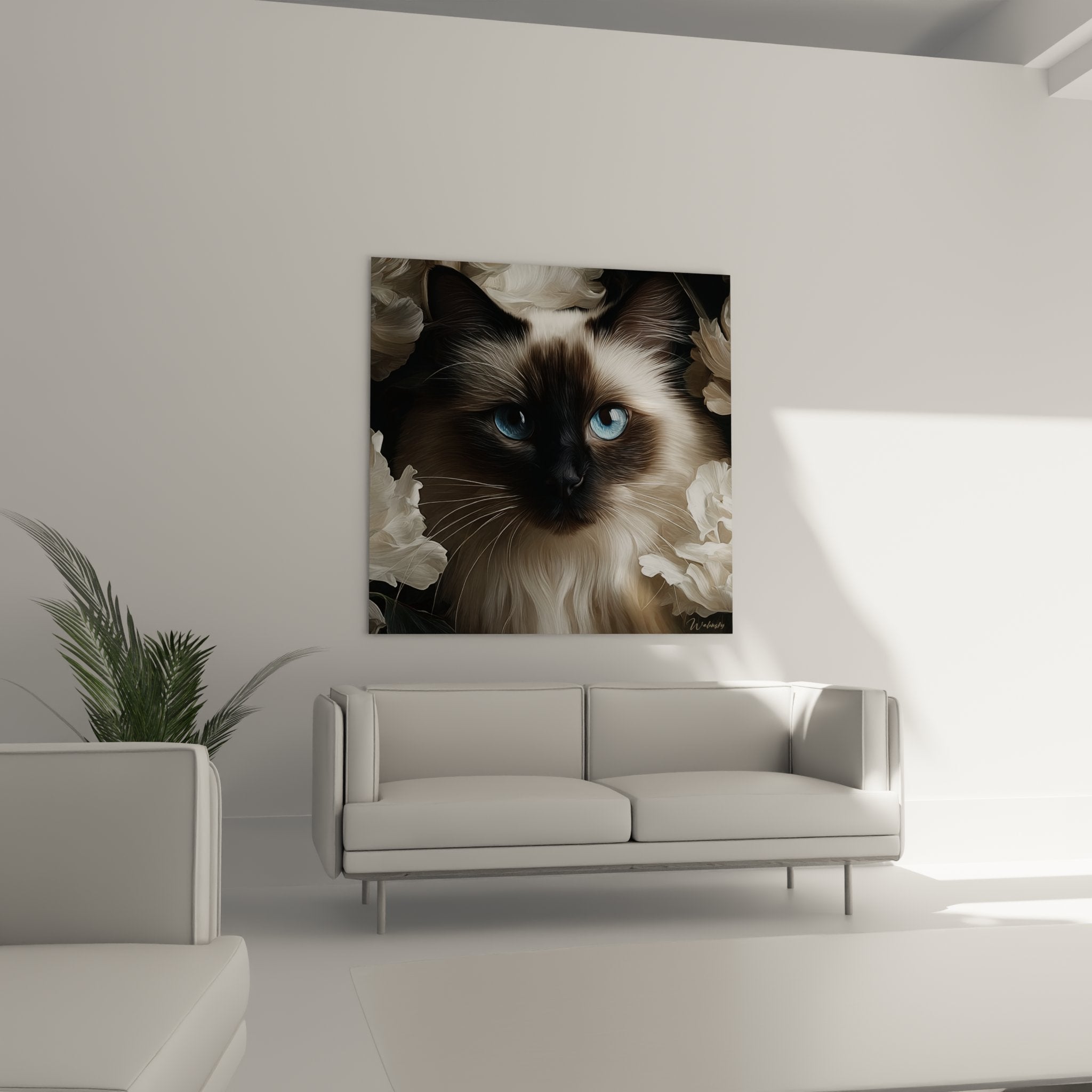 Close-up of the hypnotic blue eyes of the Birman cat in this premium wall art print