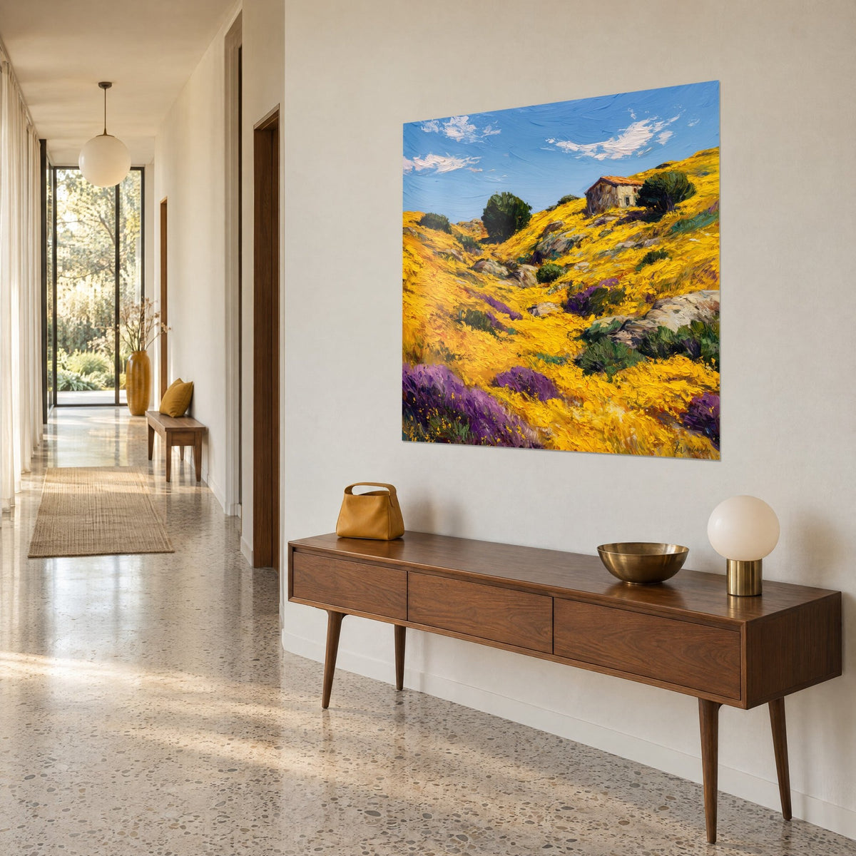 Wall art Corsican maquis under an azure sky, brilliant yellow slopes, purple lavender, shepherd's hut with an orange roof, three-quarter view in a hallway