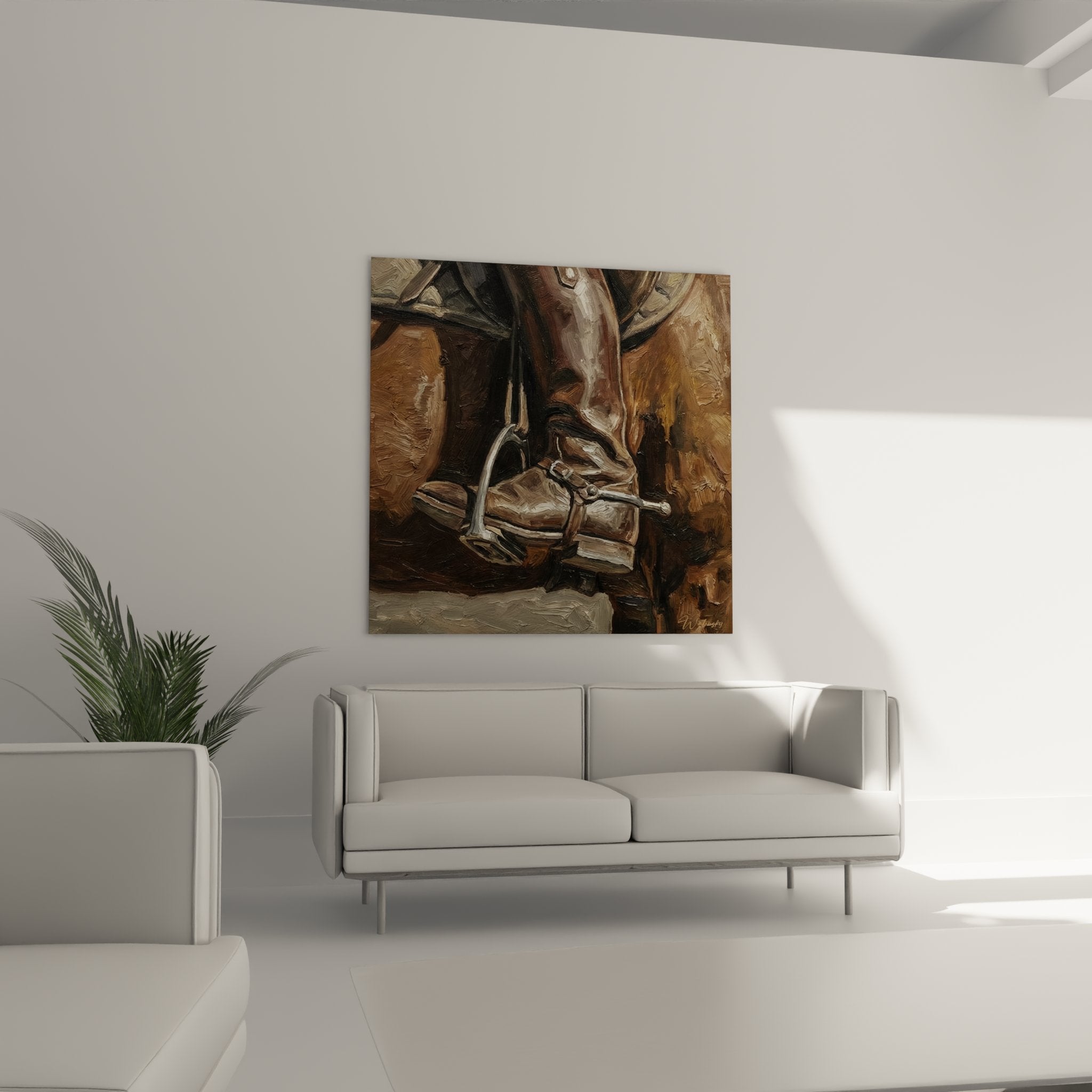 Dettaglio pittura stivali pelle speroni metallo equipaggiamento cavalleresco arte equestre realistica