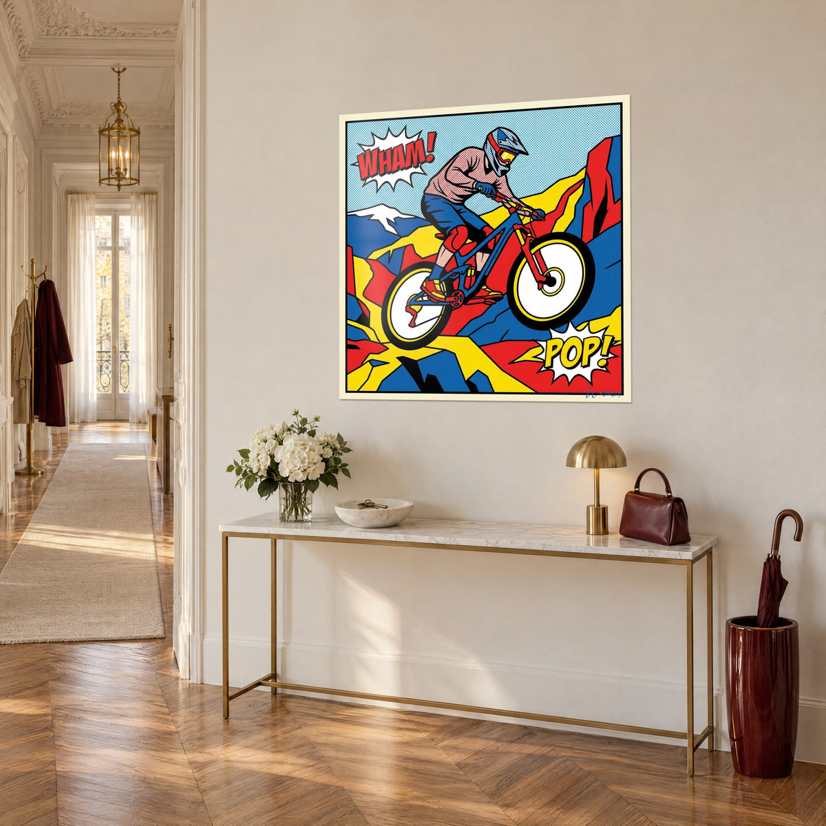 Cuadro de un ciclista de descenso al estilo cómic, cuadro azul, rocas rojas y amarillas, globo POP!, consola dorada, vista de tres cuartos