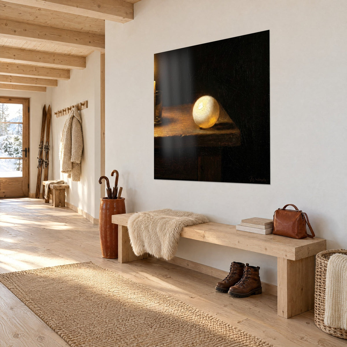 Wall art: ivory sphere lit by candlelight, cracked copper table, ebony background, three-quarter view beside a chalet-style wooden bench