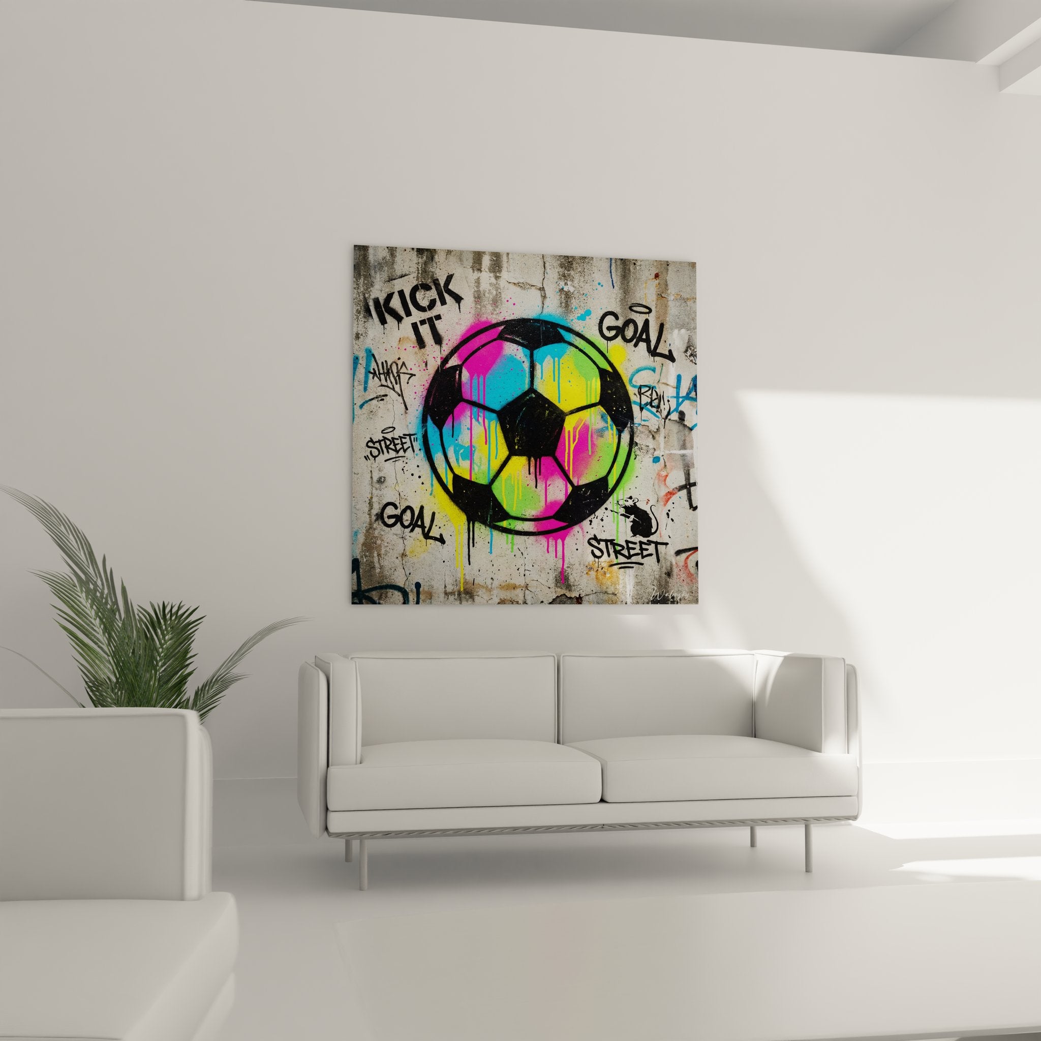 Detail ballon football street art aux couleurs rose bleu vert jaune sur texture mur beton graffe urbain