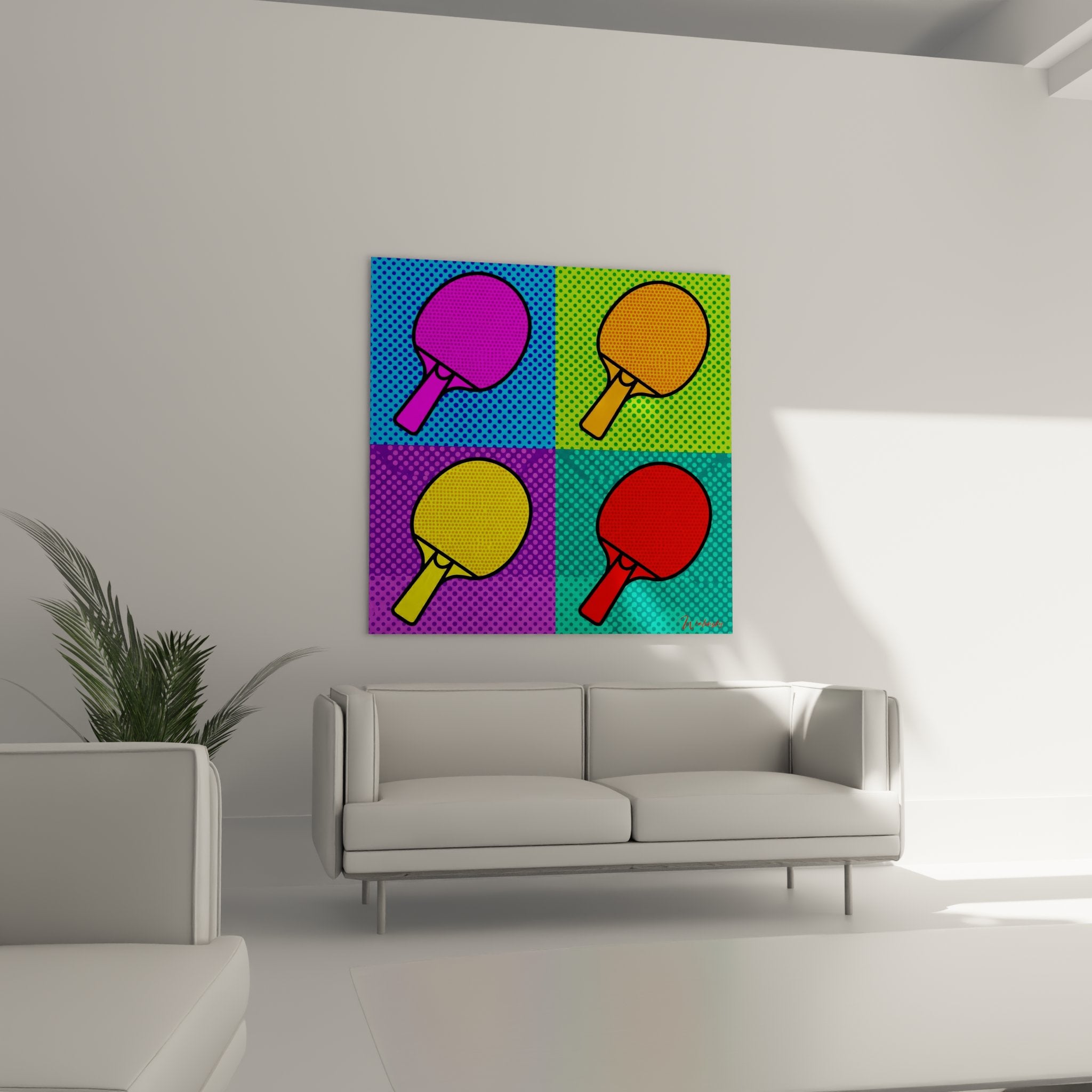 Détail rapproché du tableau pop art montrant texture et couleurs vives des raquettes de ping pong