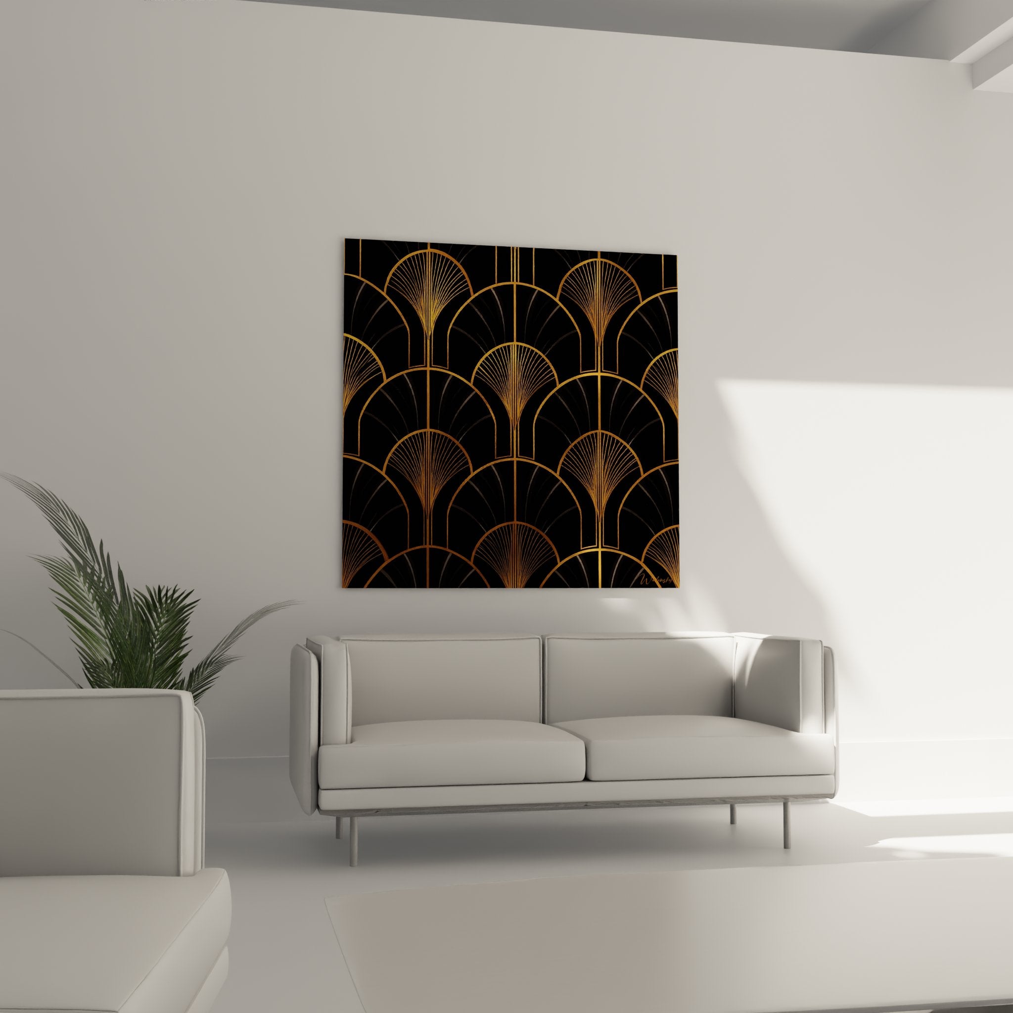 Gros plan sur les détails dorés du tableau Art Déco, motifs géométriques éventails stylisés