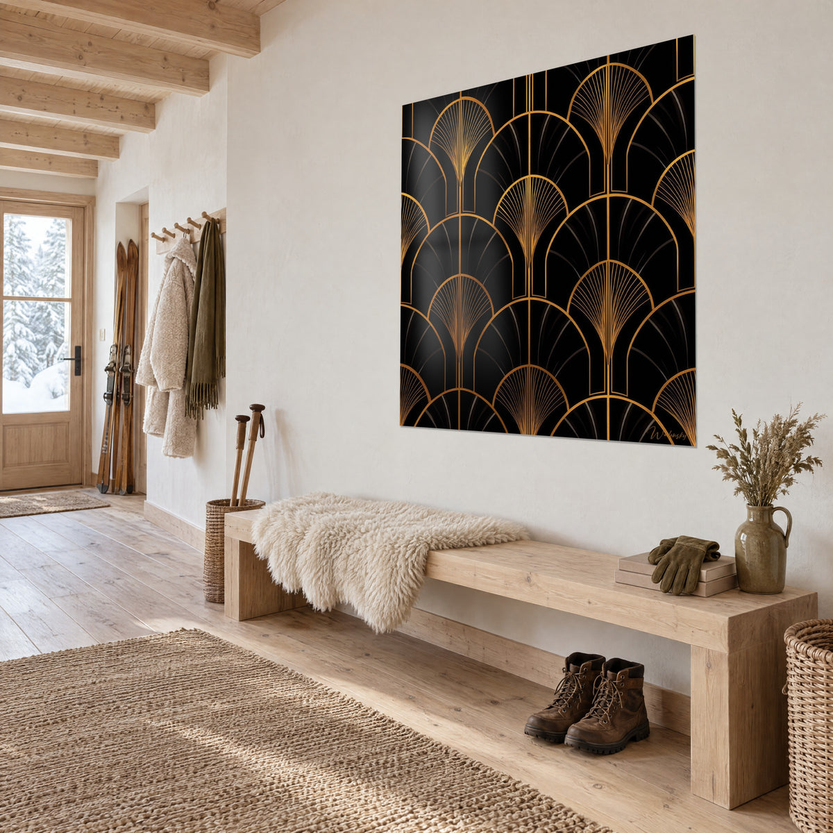 Cuadro con arcos geométricos cobrizos sobre fondo negro profundo, vista de tres cuartos, banco de madera, chalet luminoso