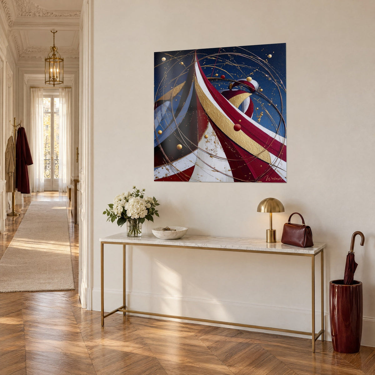 Wall art circus canvas tent striped in carmine red and gold, copper thread circles on night-blue sky, three-quarter view in an entrance hall
