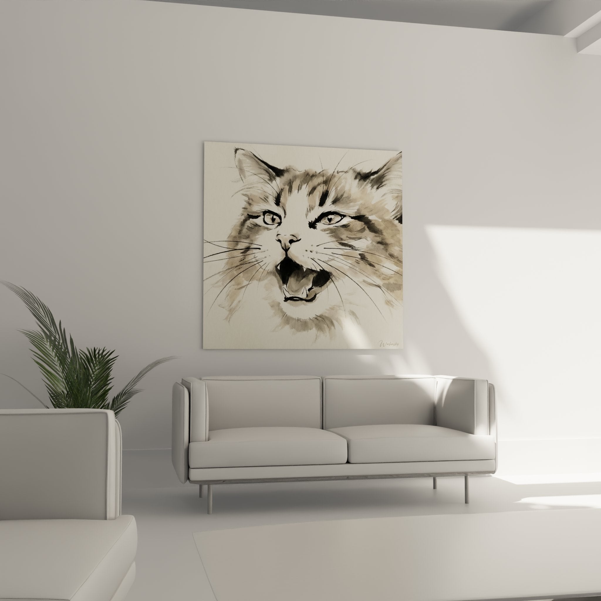 Dettaglio dell'acquerello gatto Ragamuffin che mostra la tecnica del pennello fluido e le sfumature sottili del mantello marrone beige