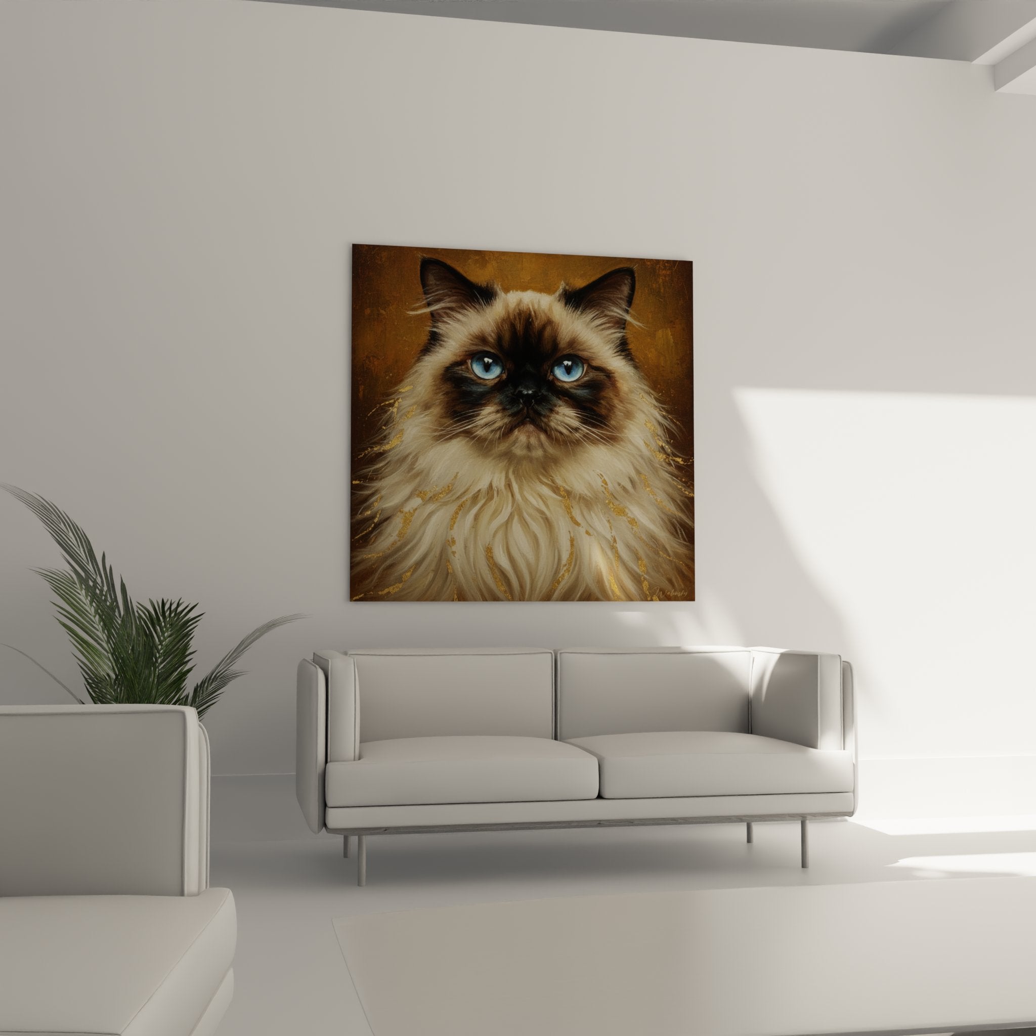 Close-up Himalayan cat painting detailed blue eyes silky fur realistic high-quality artwork