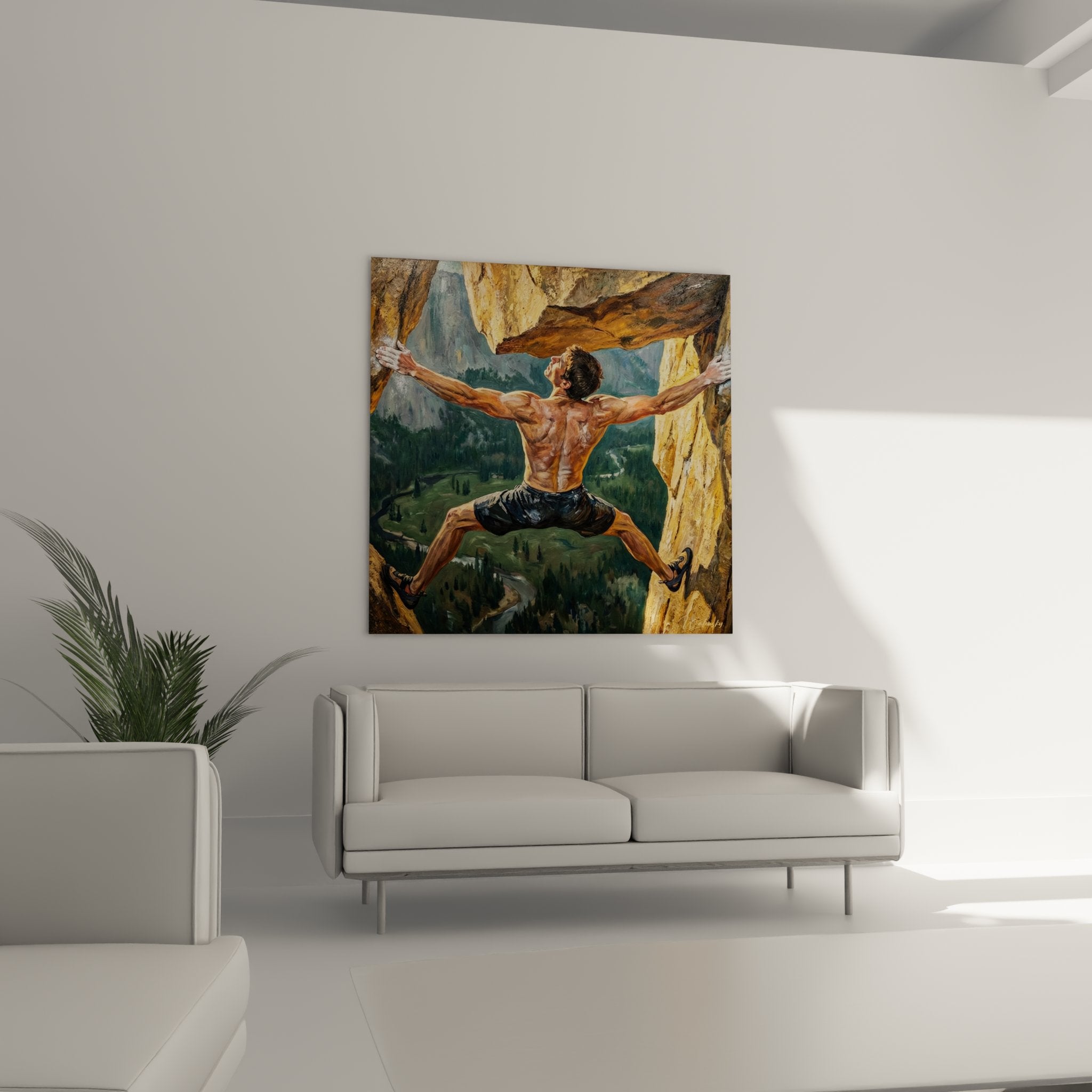 Detail du tableau escalade montrant la technique picturale et les muscles tendus du grimpeur en action