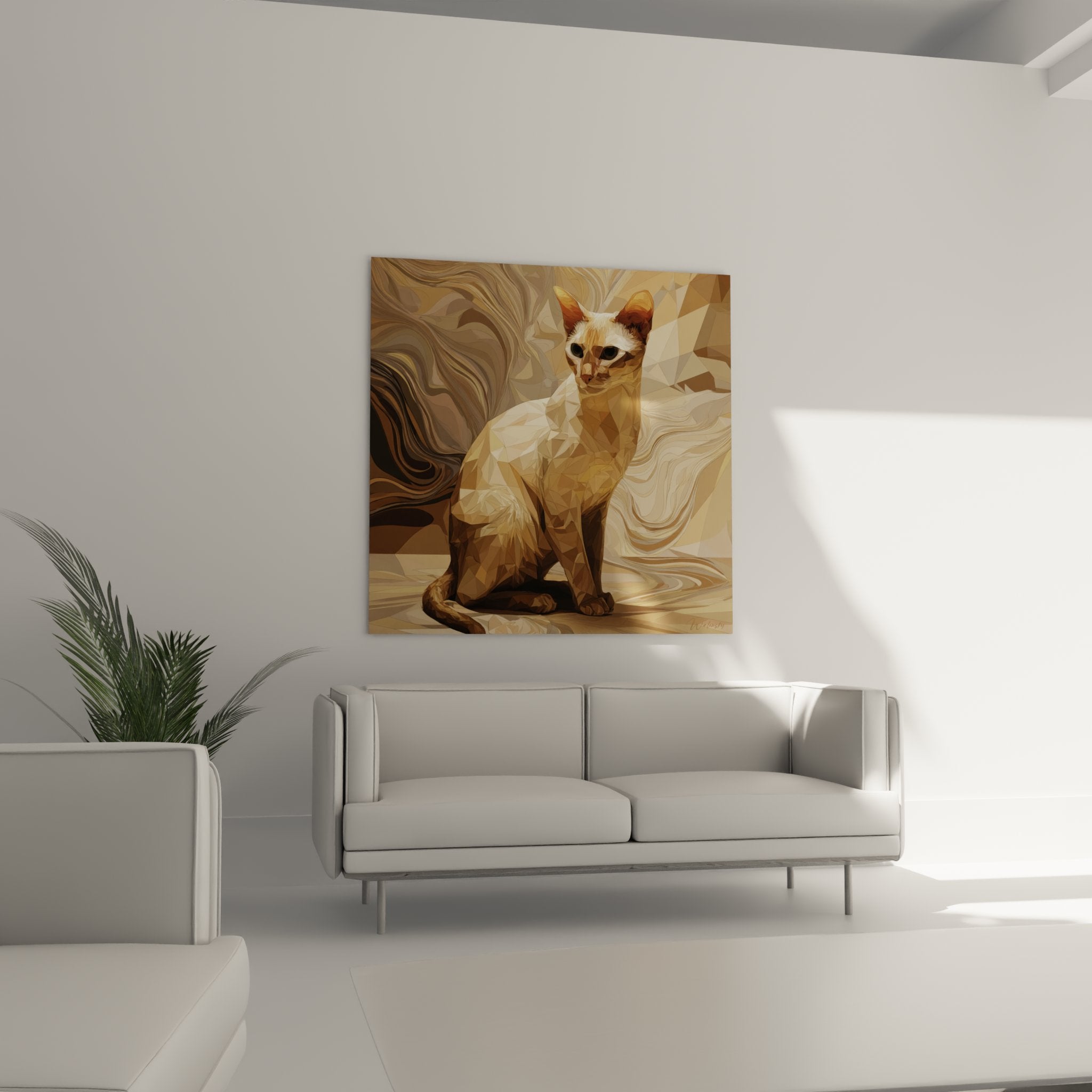 Detail Sokoke cat wall art polygonal painting geometric facets beige and gold tones