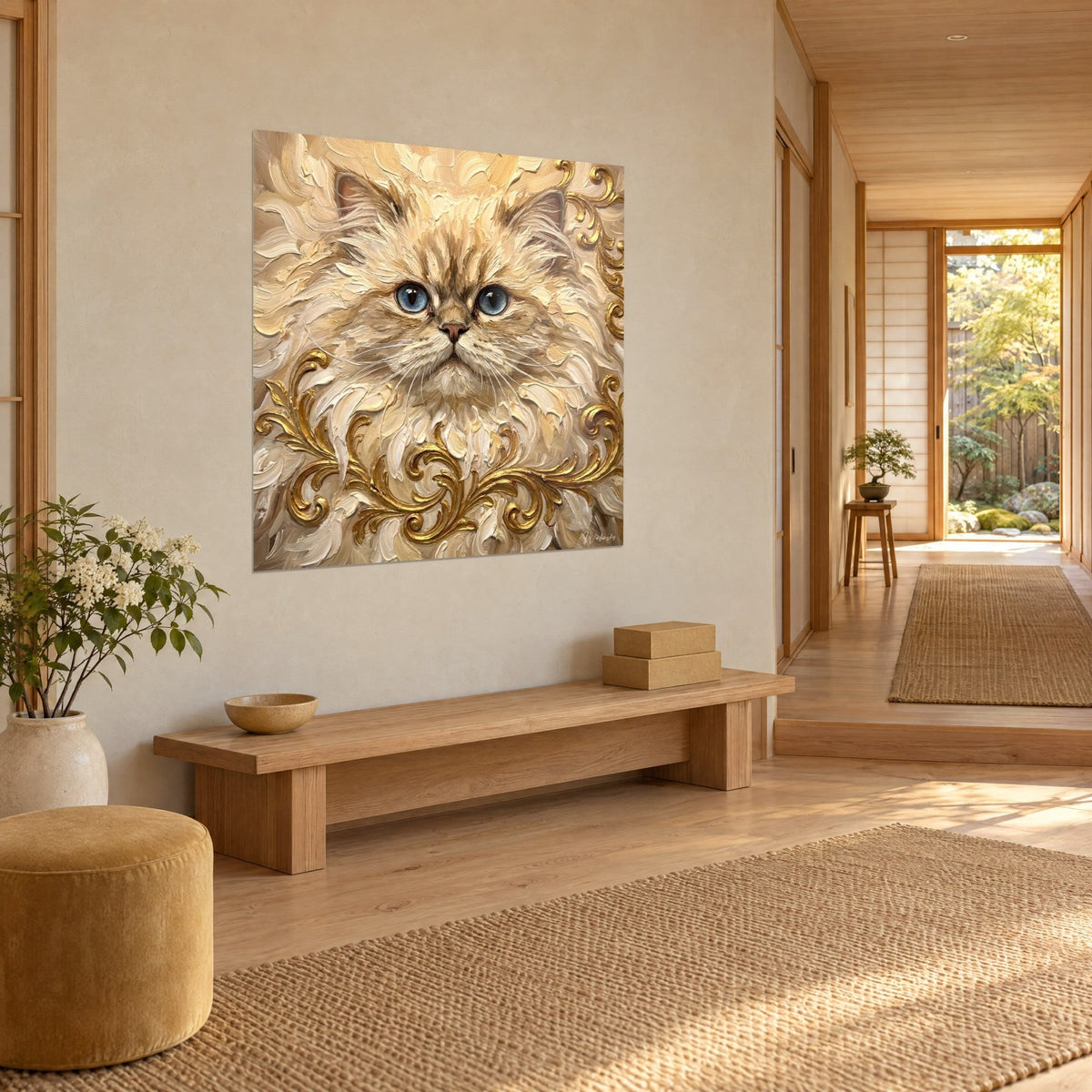 Tableau portrait félin himalayen à la fourrure beige et ivoire, arabesques d'or, dans un couloir japandi, vue de trois-quarts