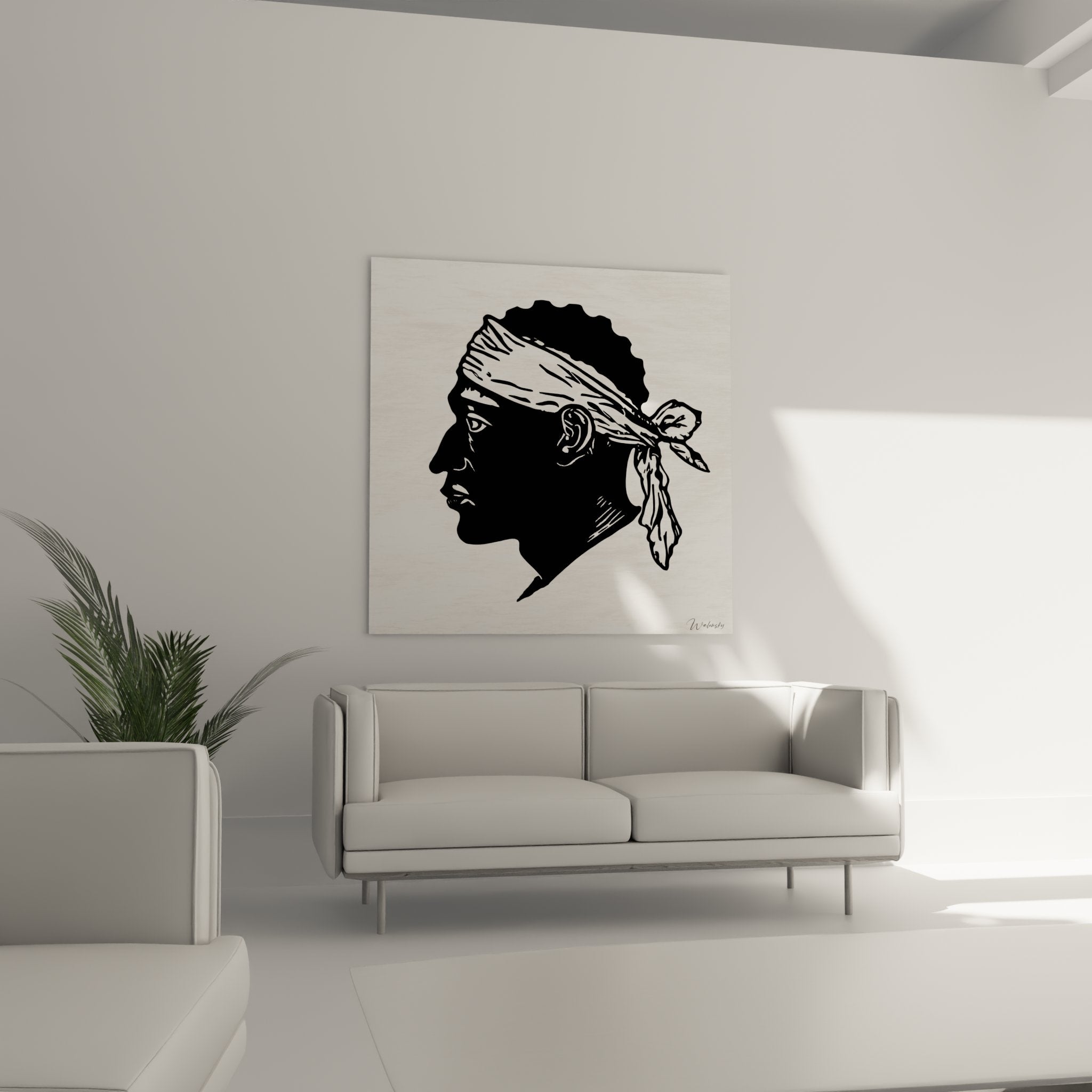 Gros plan sur les details du tableau Tete de Maure corse montrant le bandeau et les traits du visage stylises