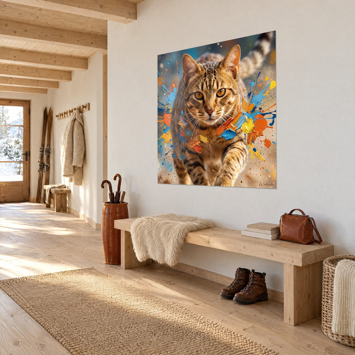 Gemälde einer getupften Raubkatze, die in einer Wolke gelber und türkisfarbener Tropfen springt, im Eingang eines Chalets aus hellem Holz aufgehängt
