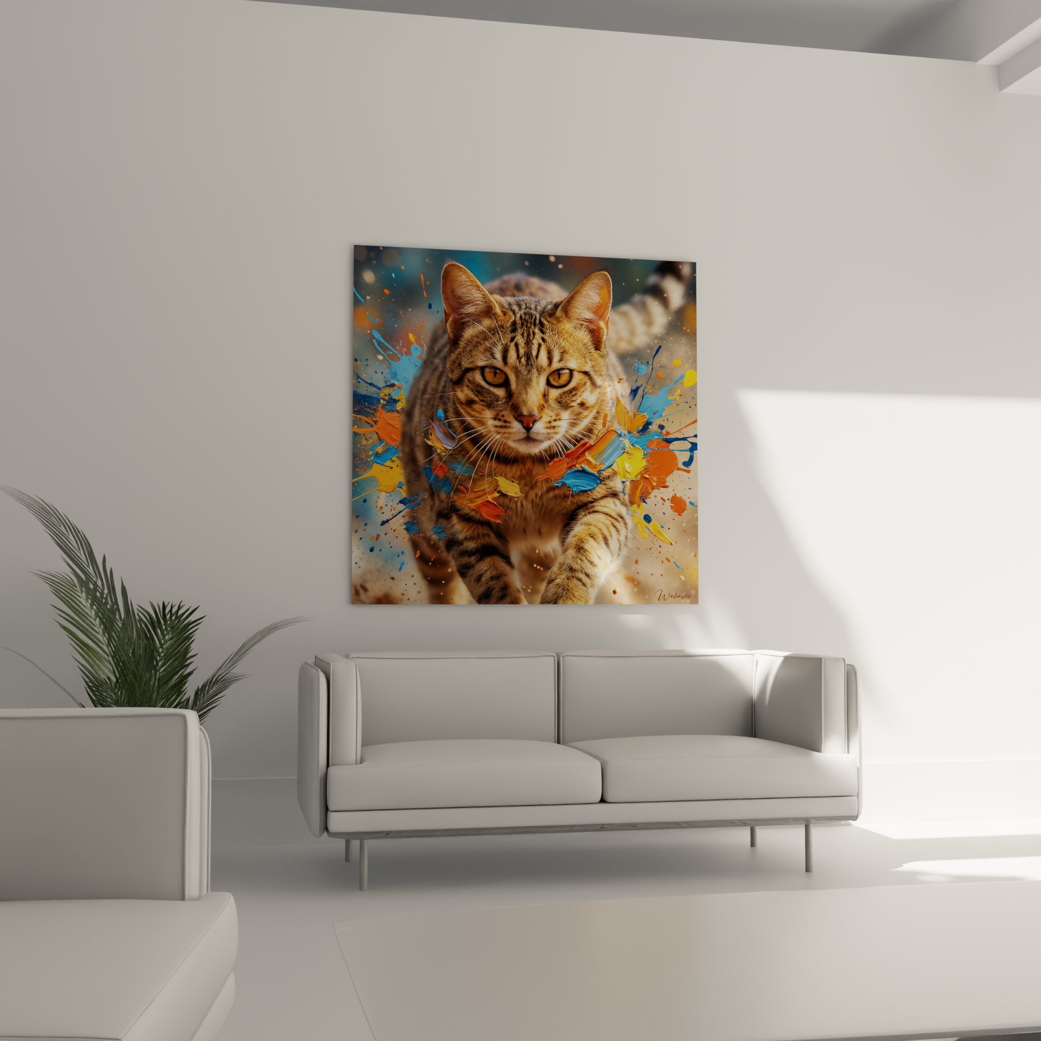 Gros plan tableau chat Ocicat détails pelage tacheté et éclaboussures artistiques multicolores