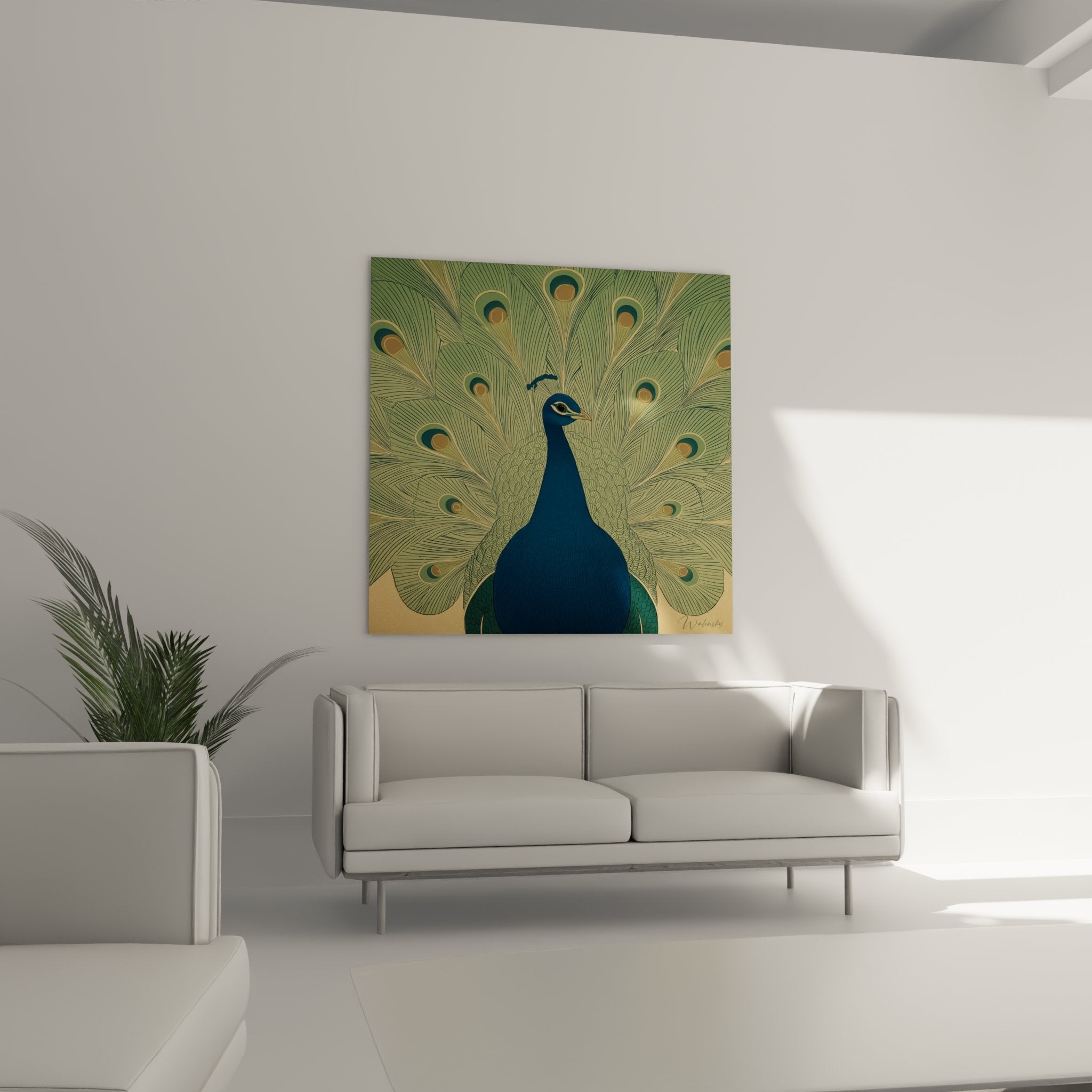 Detail Pfauenfedern Art-Deco-Kunst mit geometrischen Augen in Türkisblau und Gold, dekorative Muster