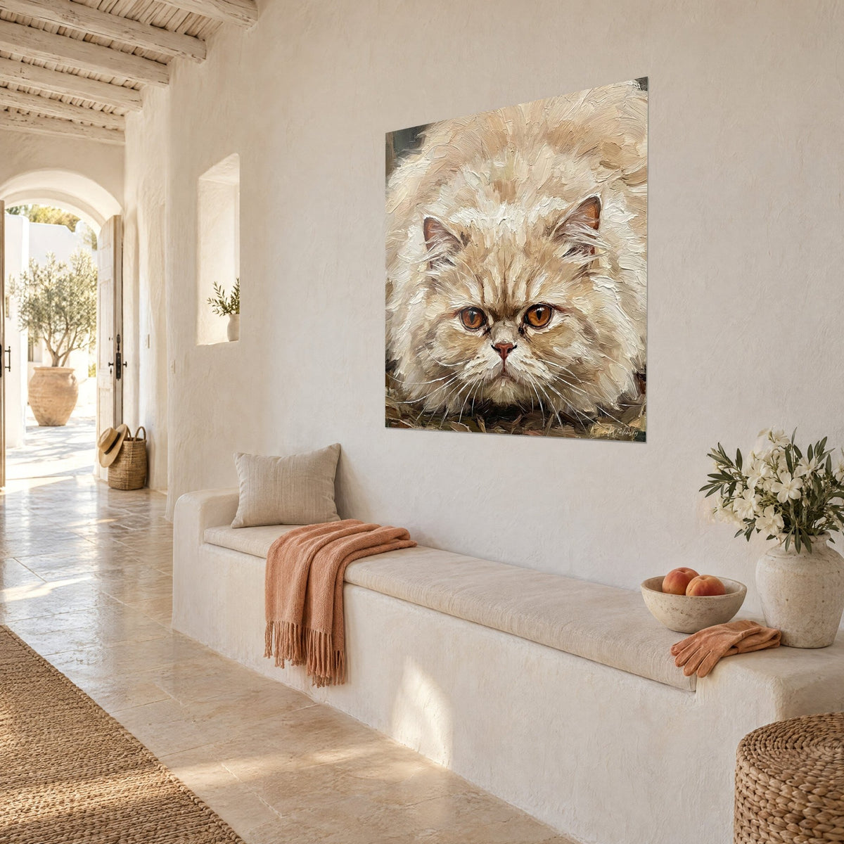 Gemälde flauschiges Katzenporträt mit kupferfarbenen orangen Augen, elfenbeinfarbenes und sandfarbenes Fell, an einer Kalkwand neben einer Steinbank