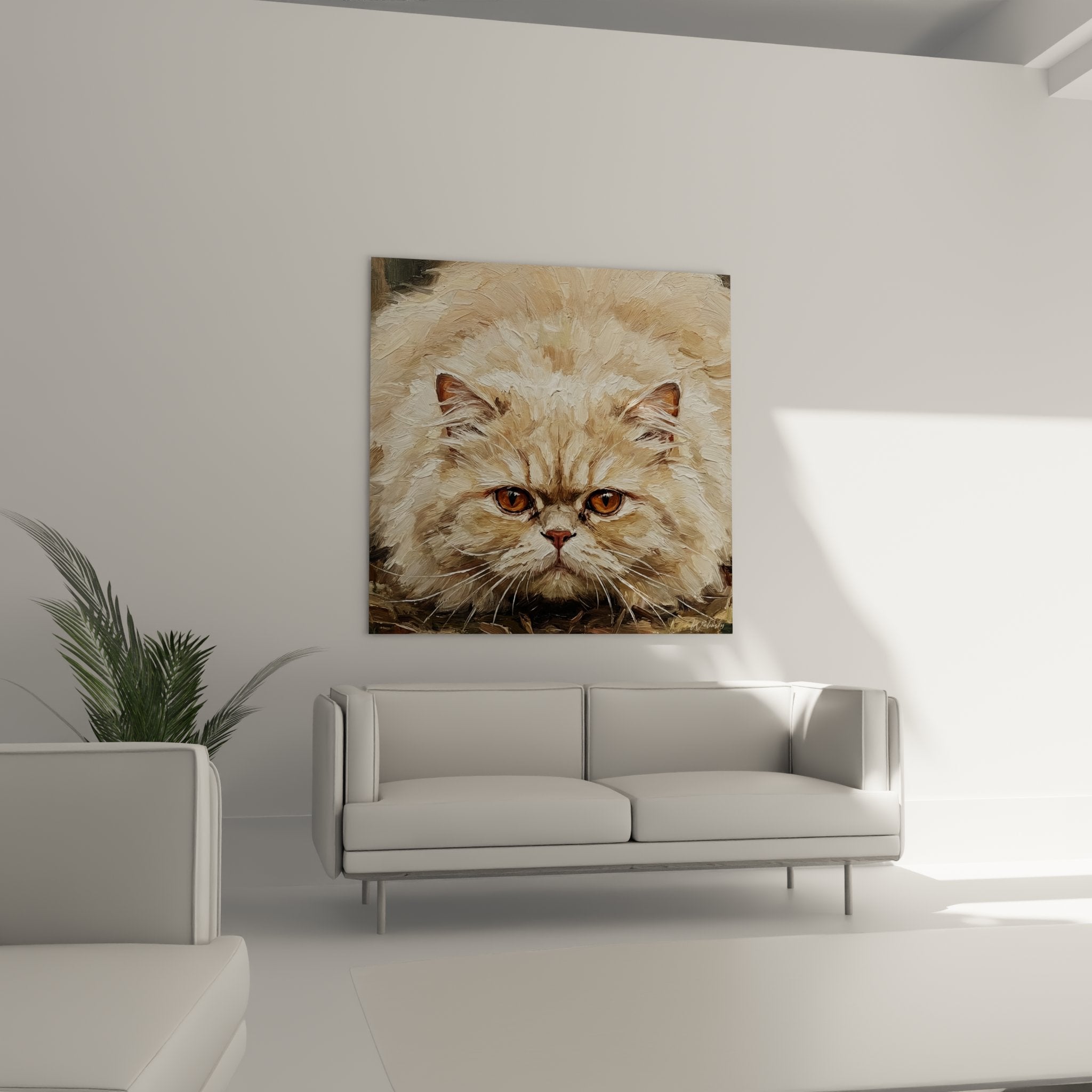 Détail gros plan tableau chat Persan montrant texture peinture et yeux ambrés expressifs