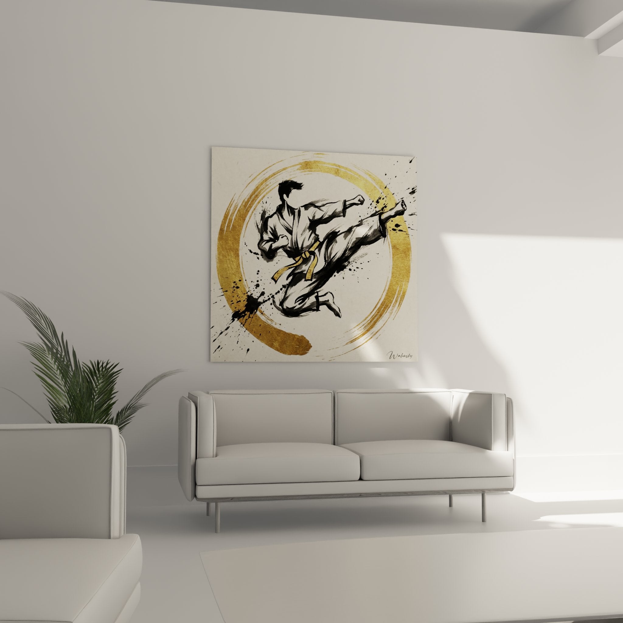 Detail tableau karateka ceinture jaune mouvement fluide technique encre noire art martial contemporain