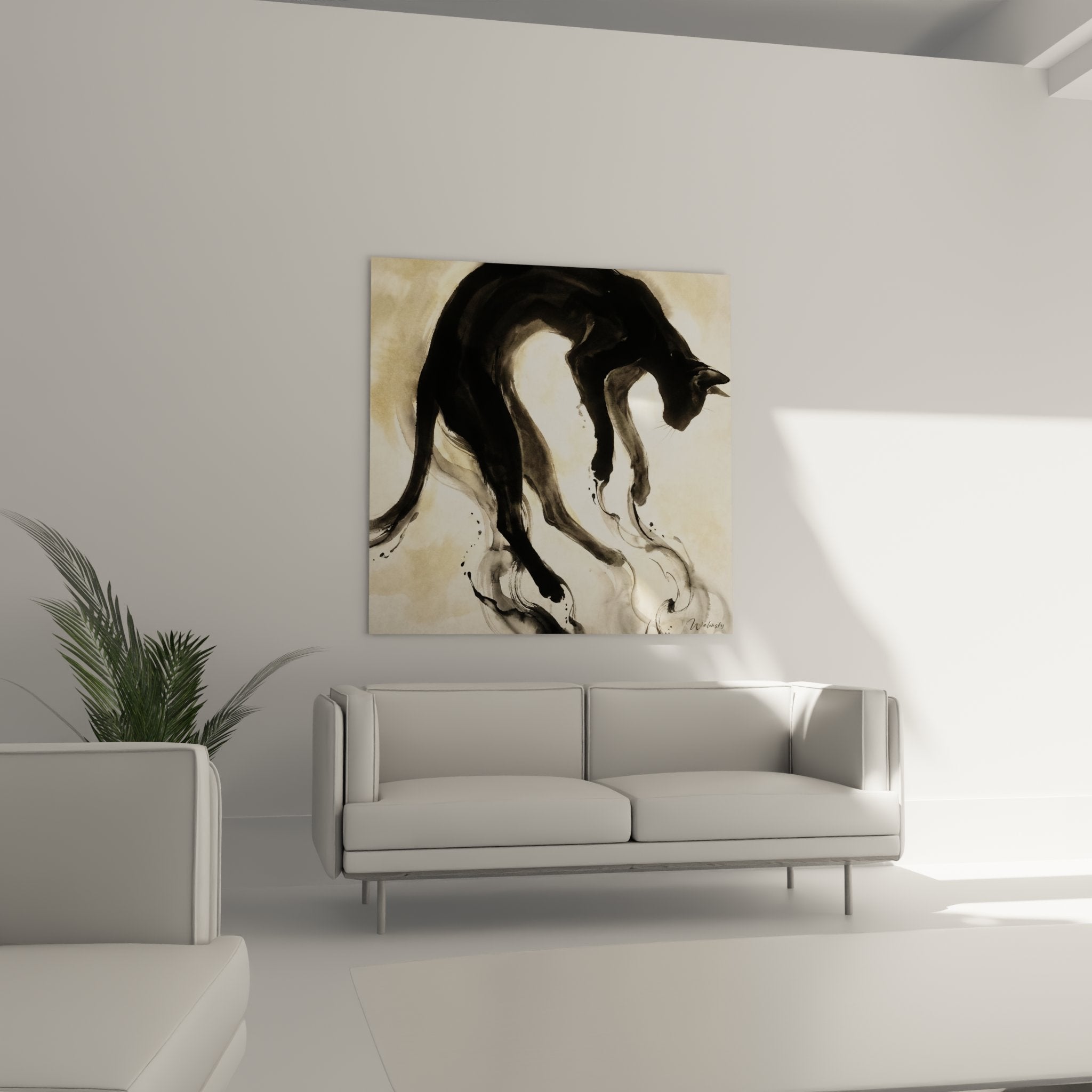 Dettaglio acquerello gatto nero che mostra tecnica del pennello fluido e giochi di ombre luci Oriental Shorthair