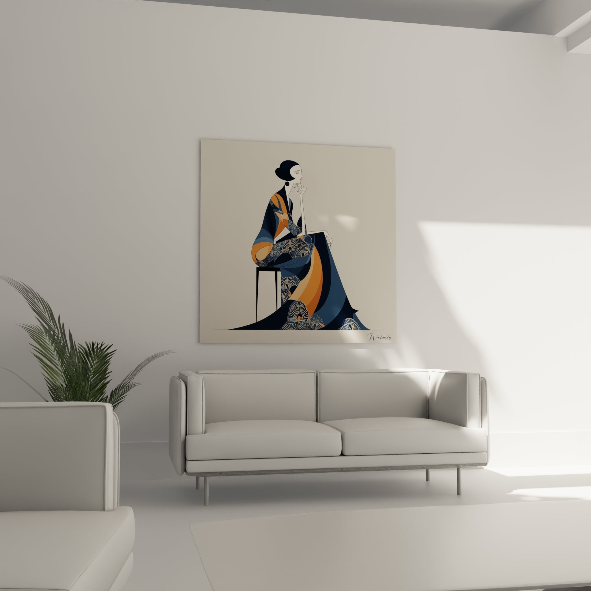 Art deco portrait painting detail Japanese woman profile elegant hairstyle chignon kimono fan motifs
