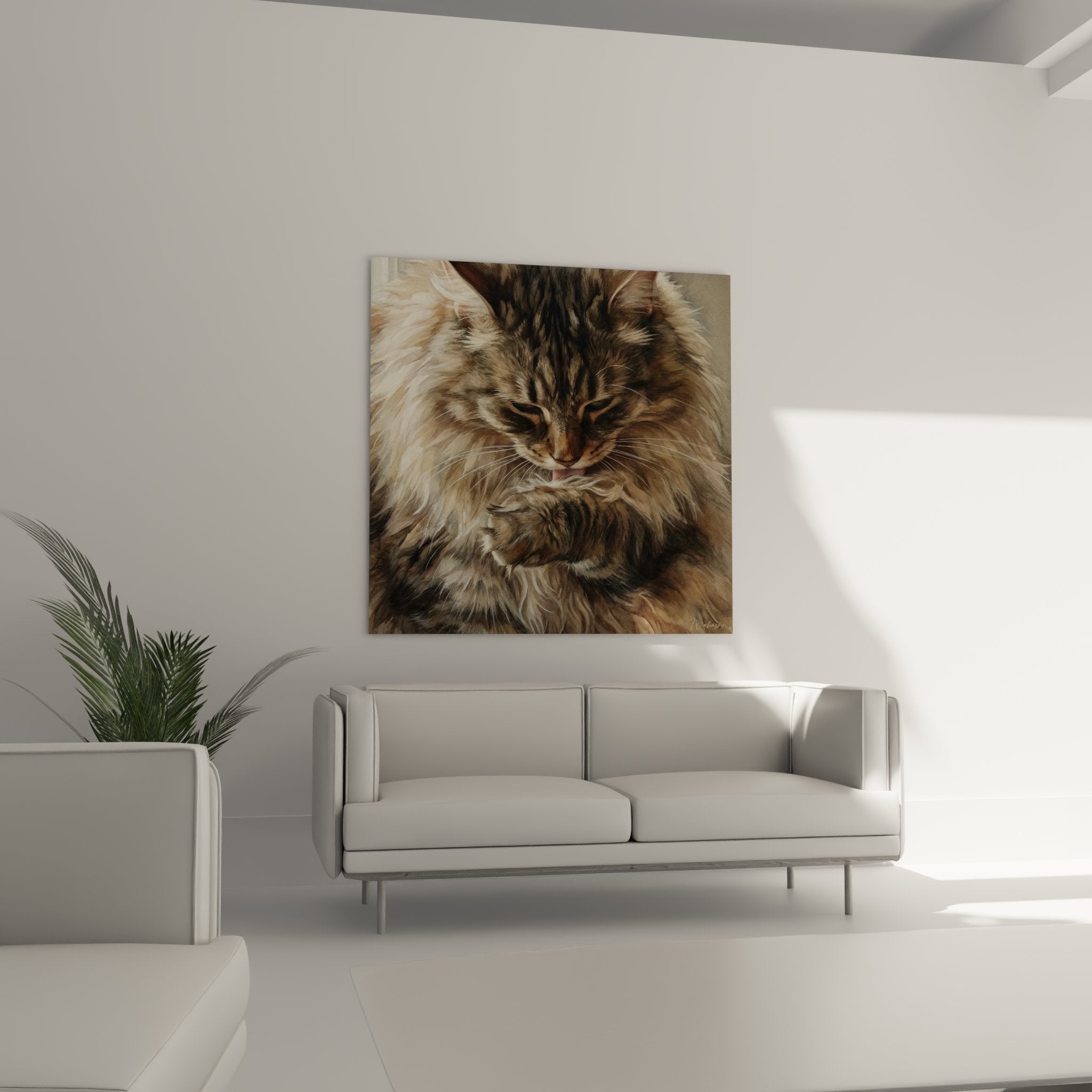 Norwegian Forest Cat grooming artwork detail, realistic fur texture, brown tabby tones