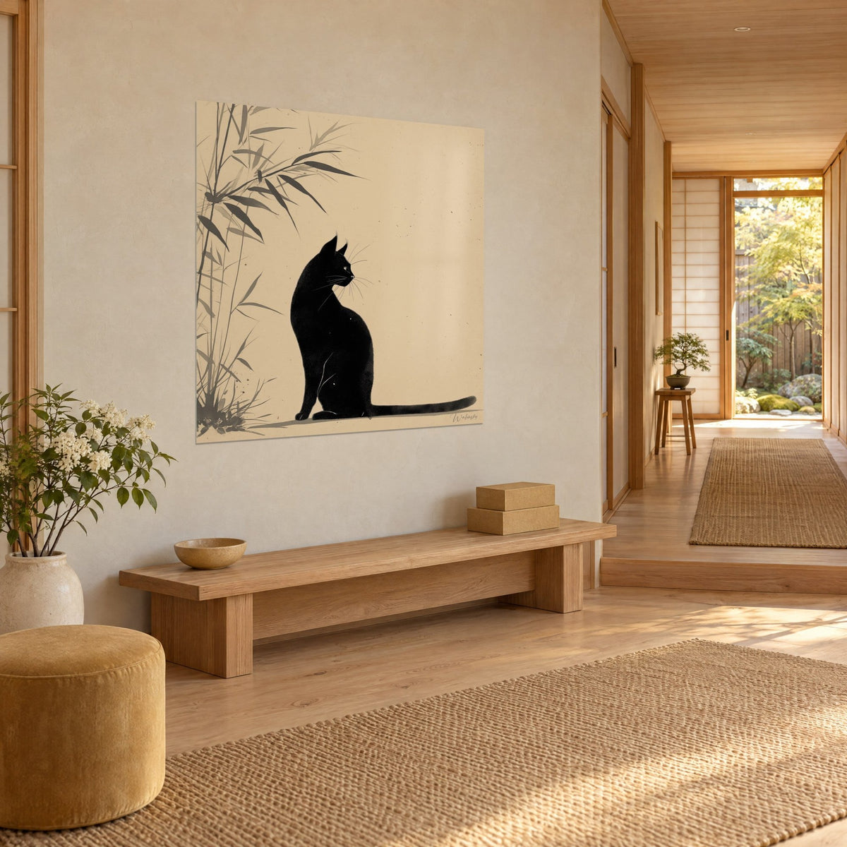 Wall art black ink feline silhouette, long tail, grey bamboo leaves on beige paper, three-quarter view of a Japandi hallway