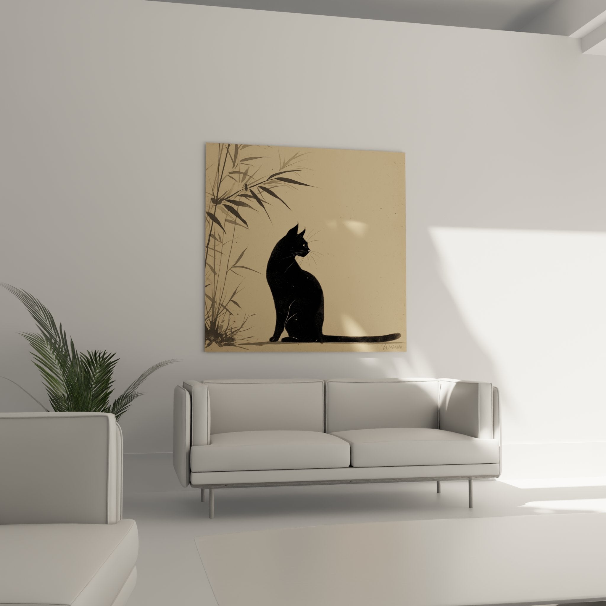 Detail tableau chat Bombay noir silhouette elegante pres tiges bambou peintes gris