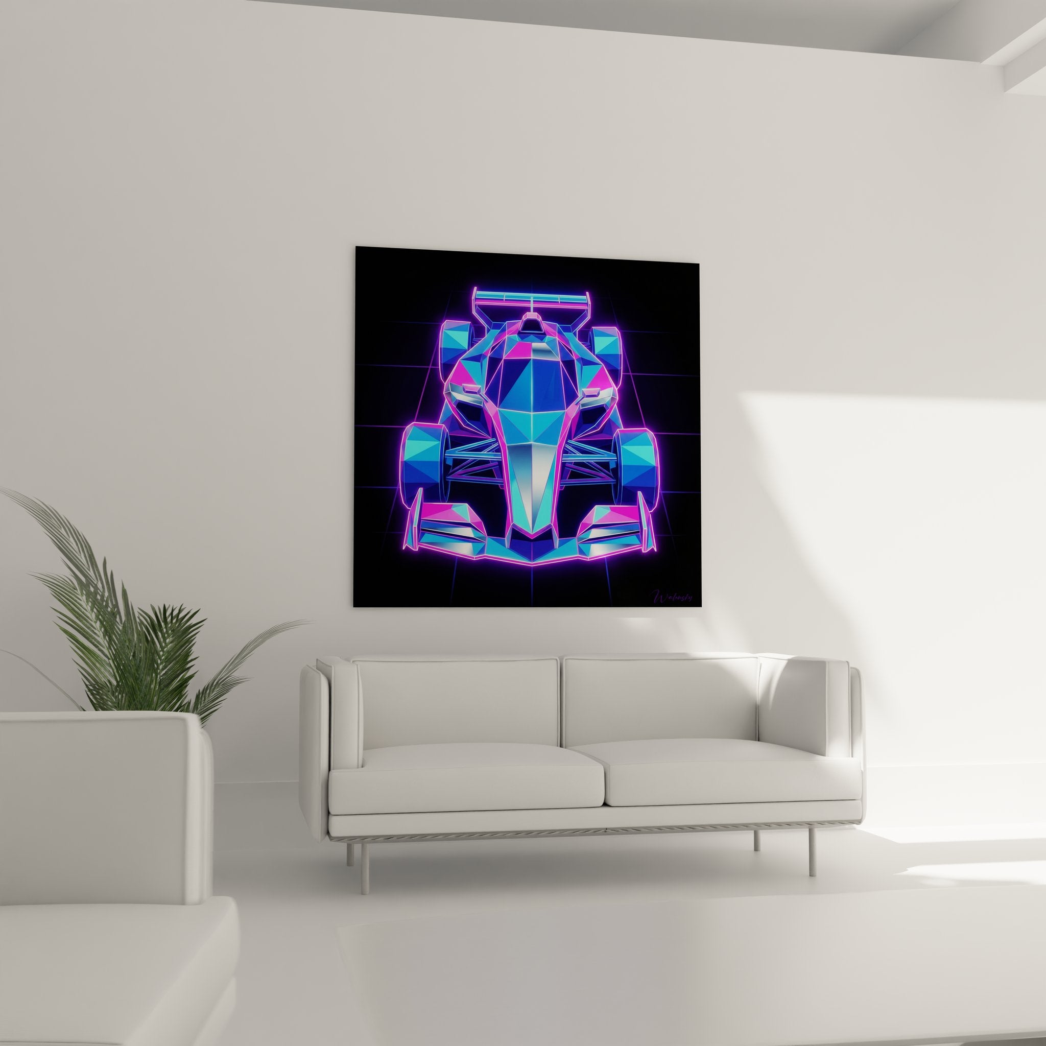 Detail tableau Formule 1 neon geometric low-poly couleurs rose magenta bleu cyan effet lumineux