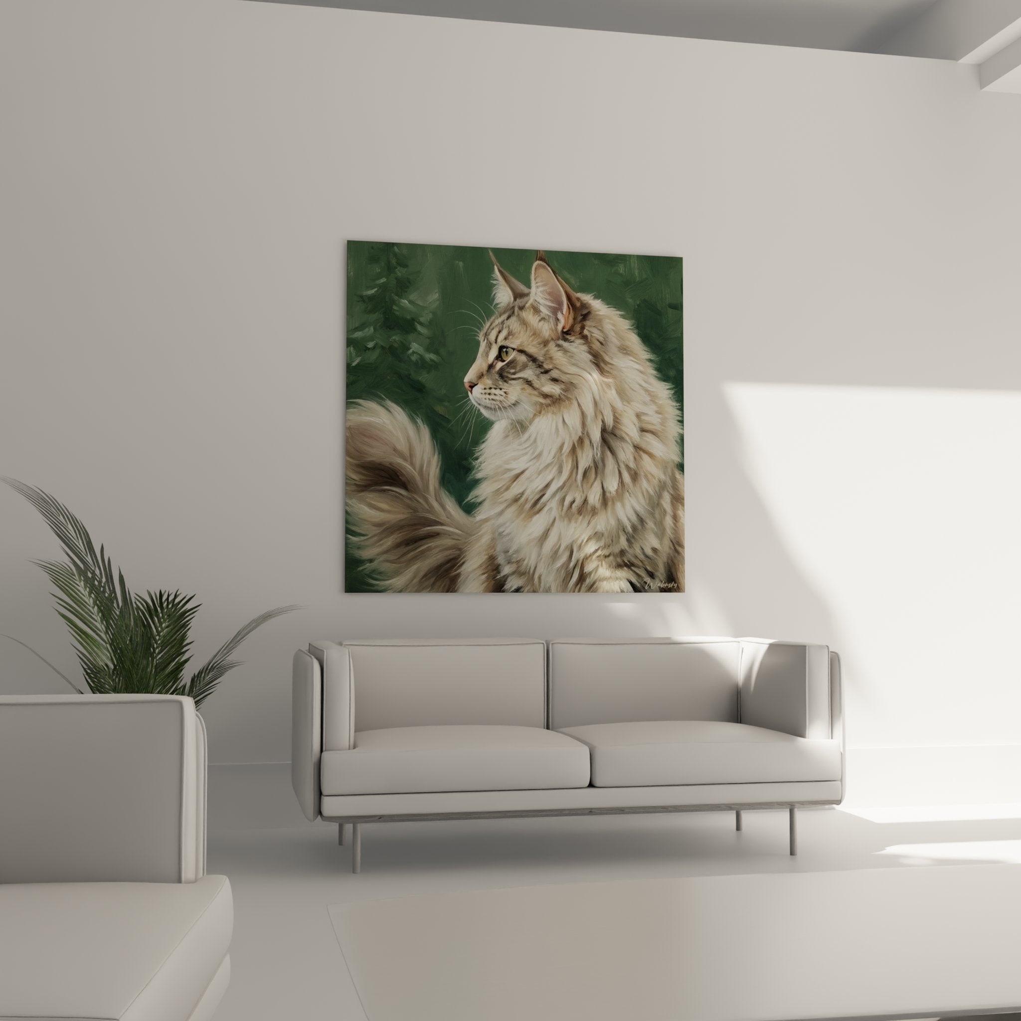 Détail tableau Norwegian Forest Cat, texture pelage réaliste, yeux verts expressifs, peinture haute qualité