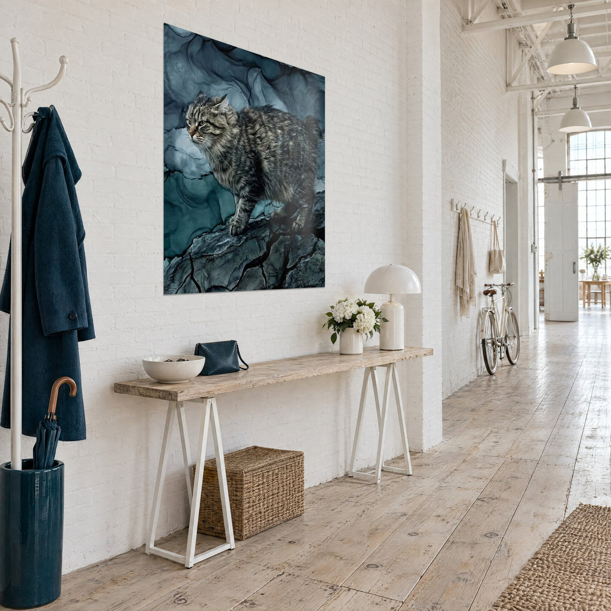 Schilderij bobtailkat met pompoenstaart, antracietkleurige en beige gestreepte vacht op eendblauwe achtergrond, witte loftmuur
