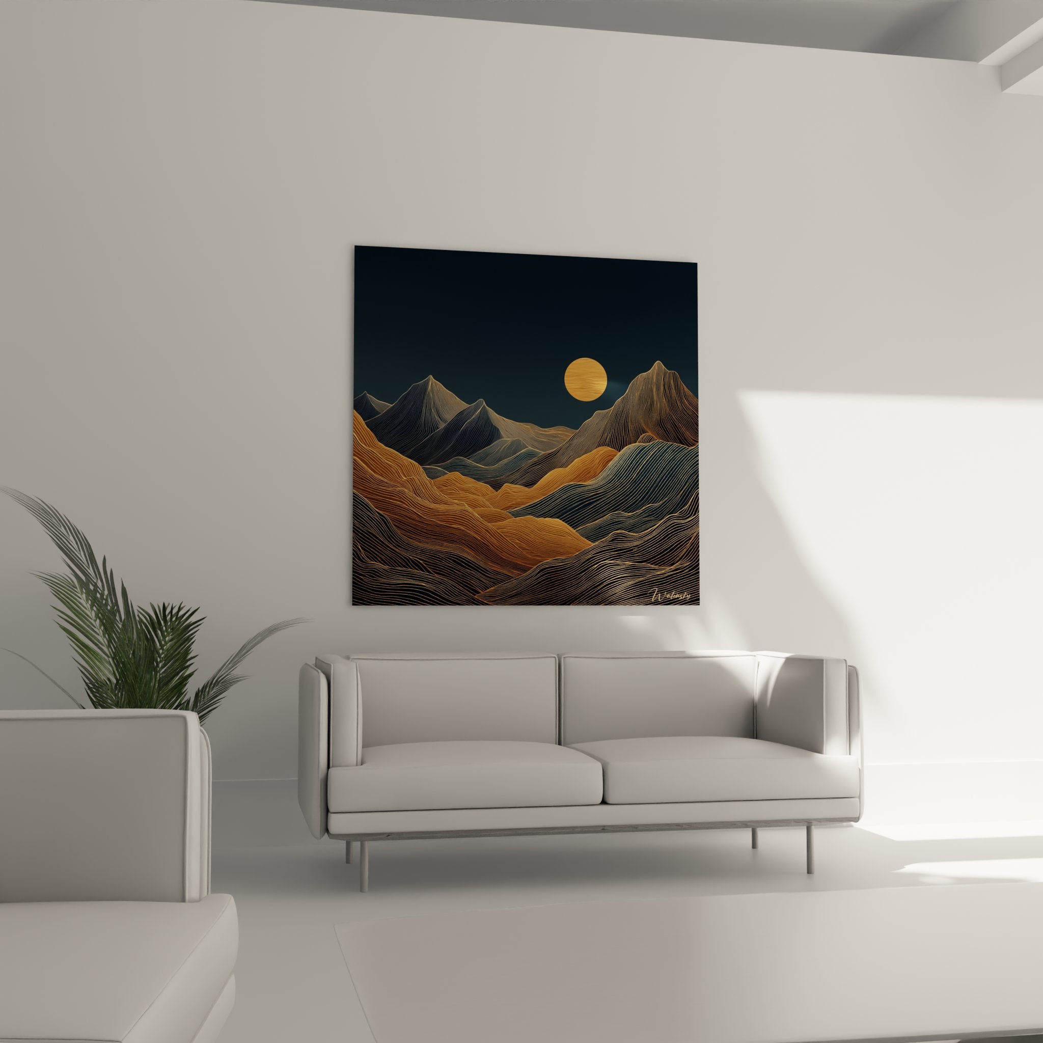 Close-up detail of Art Deco wall art showcasing golden geometric lines and hatched stylized mountains